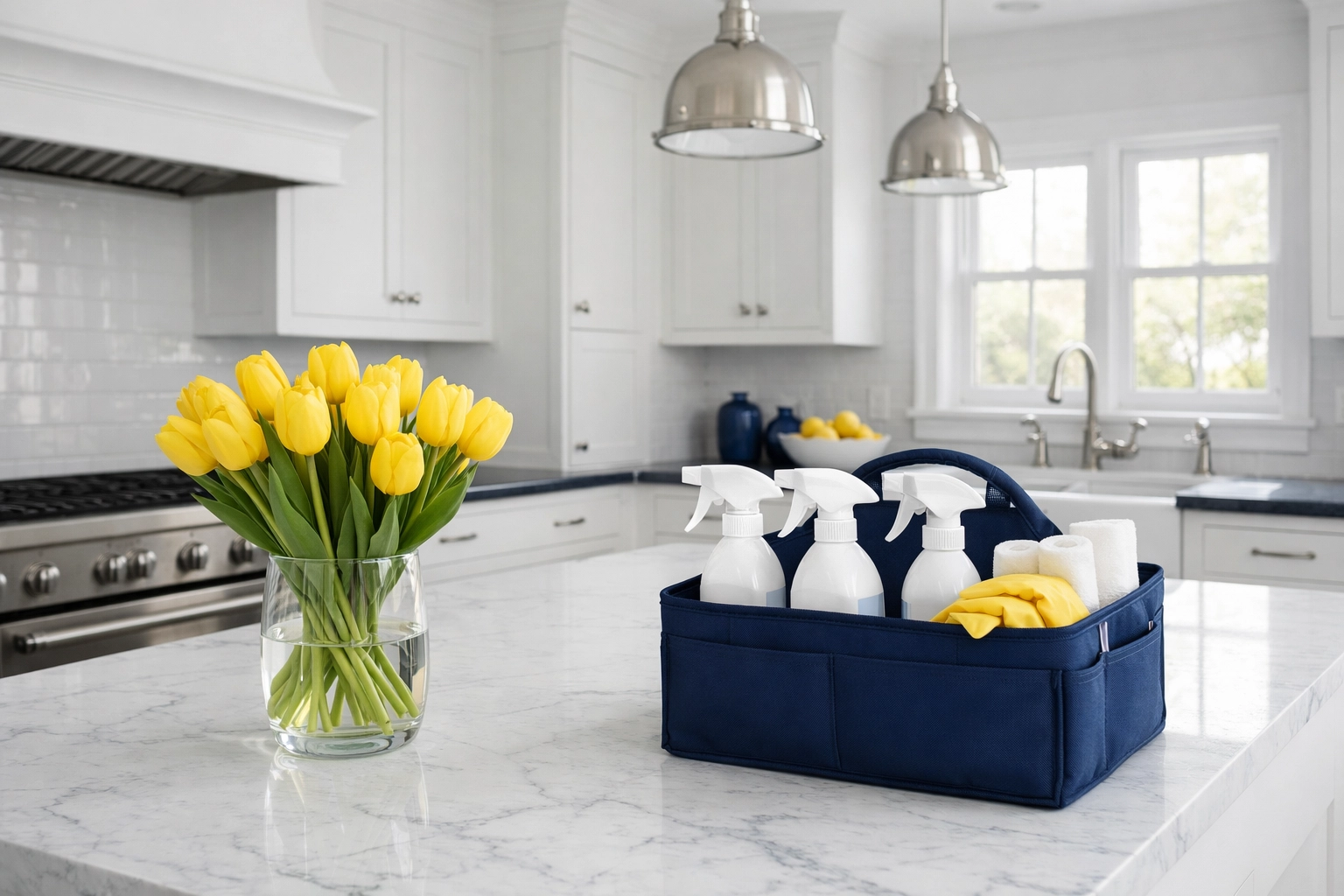 Organized professional cleaning supplies on a spotless marble kitchen island in a Westford residence.