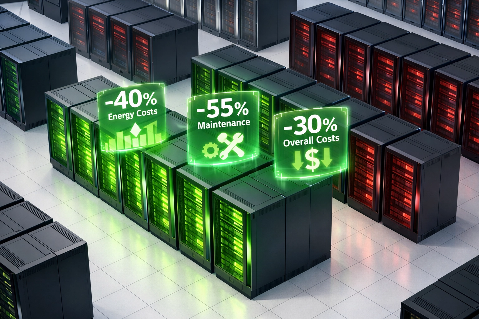 Data center showing optimized servers versus unused infrastructure assets