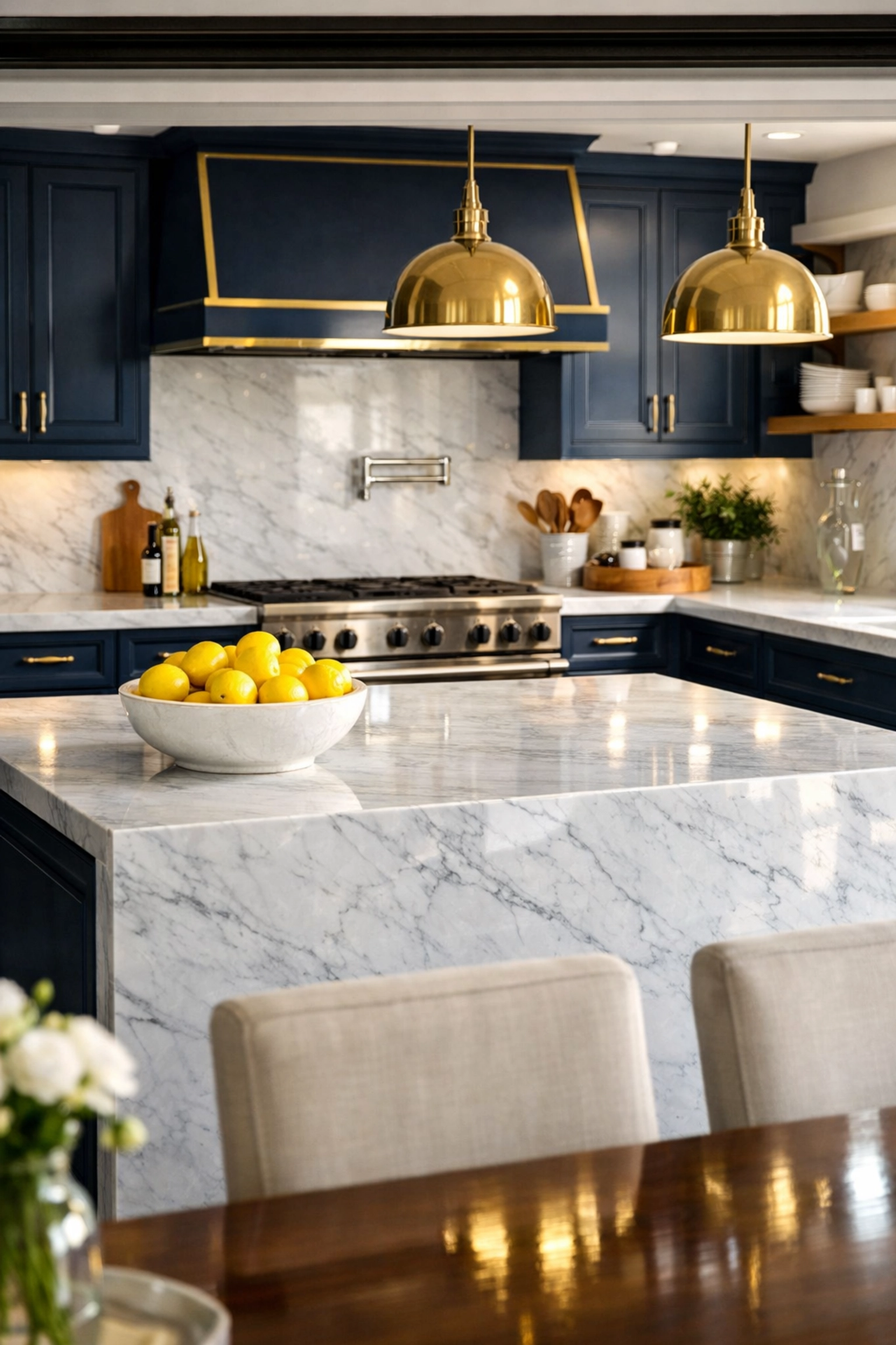 Sanitized kitchen with marble counters and blue cabinets in a busy Lunenburg household.