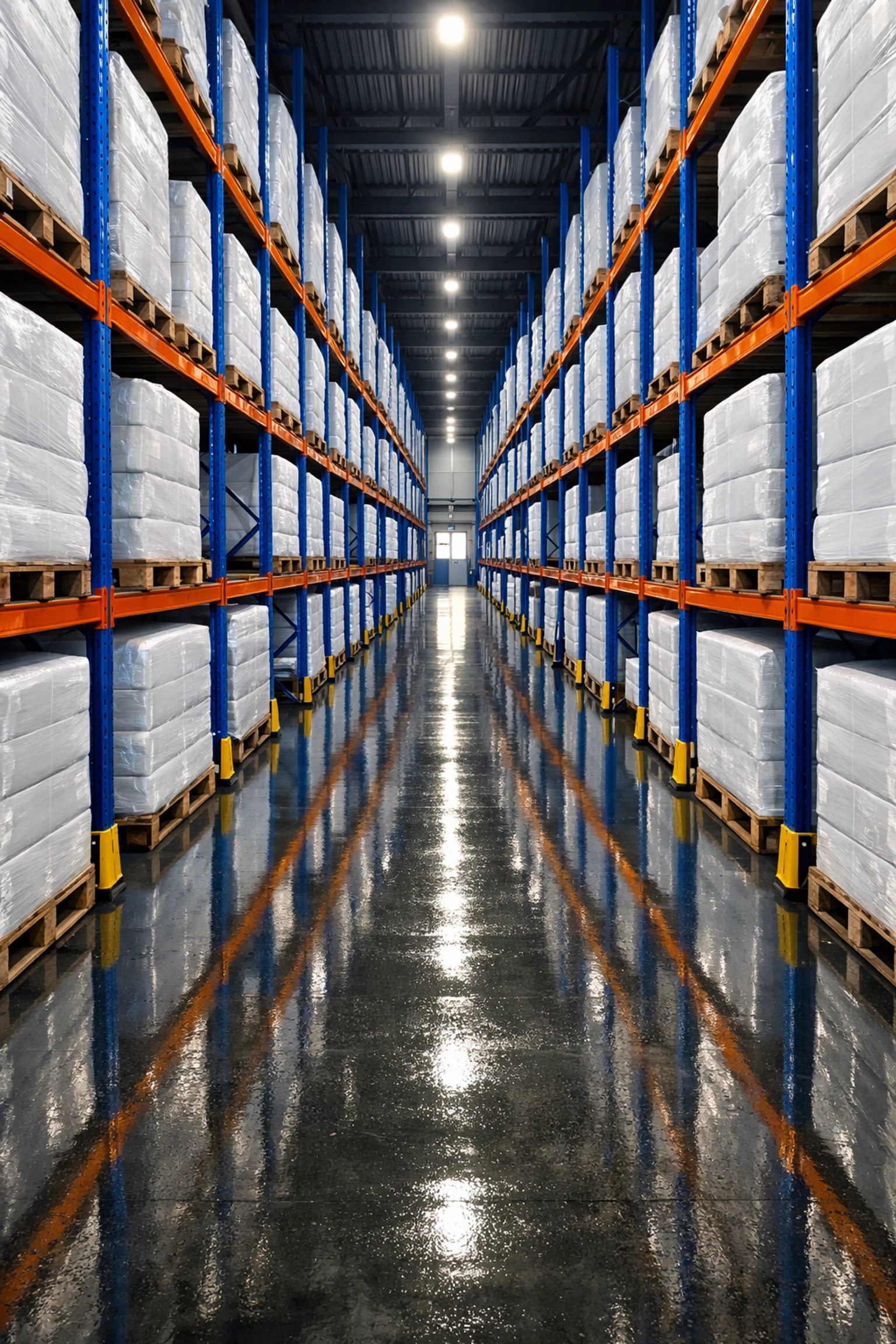 Professional warehouse aisle cleaning featuring polished floors and organized pallet racking systems.