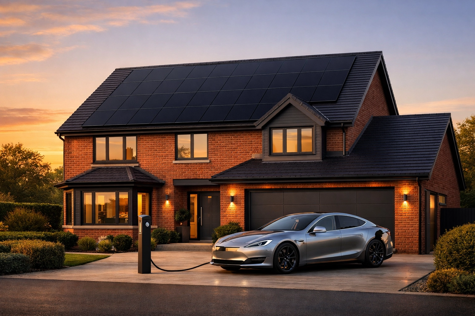 Modern UK house featuring integrated black-on-black solar panels and an electric vehicle charging station.