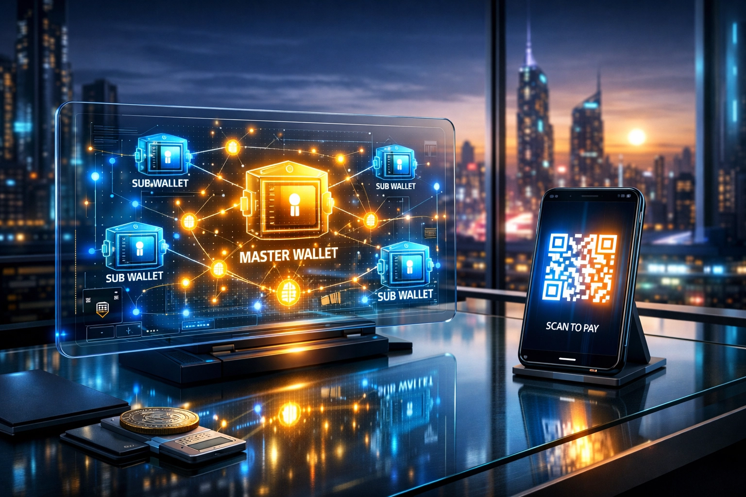Digital merchant dashboard for metaverse shopping featuring master/sub-wallets and a crypto POS transaction.