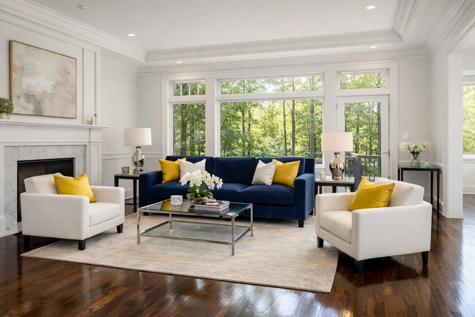 Luxury Ashburnham home living room with clean floors and blue sofa after expert house cleaning Ashburnham MA.