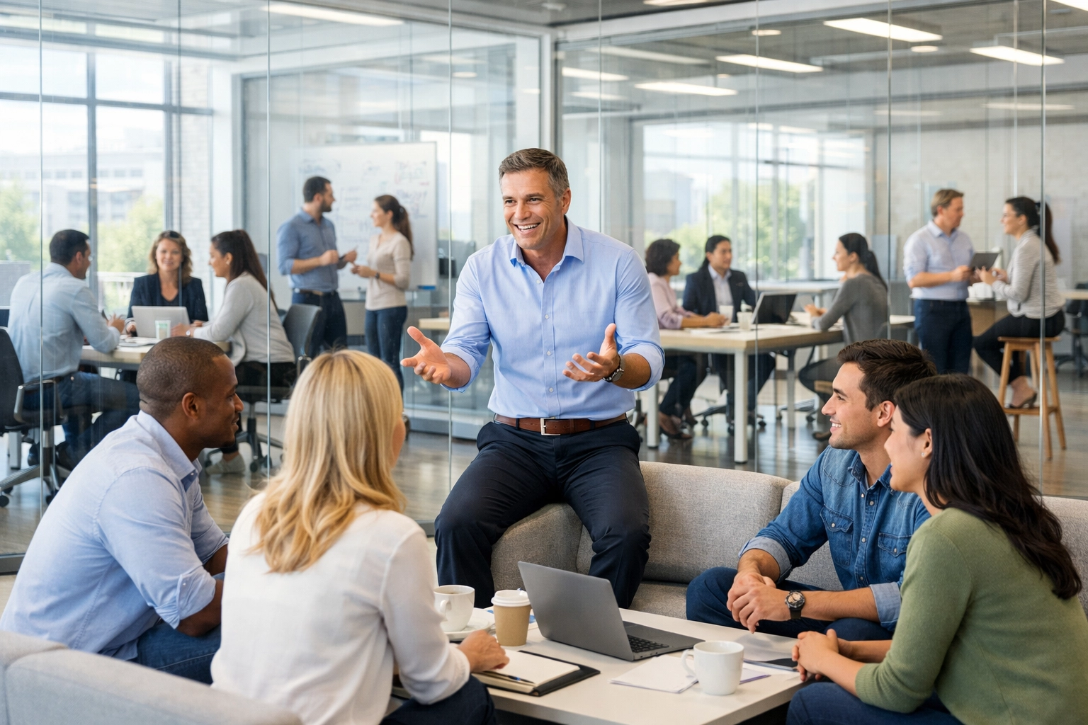 Transparent office workspace showing leader communicating openly with team members