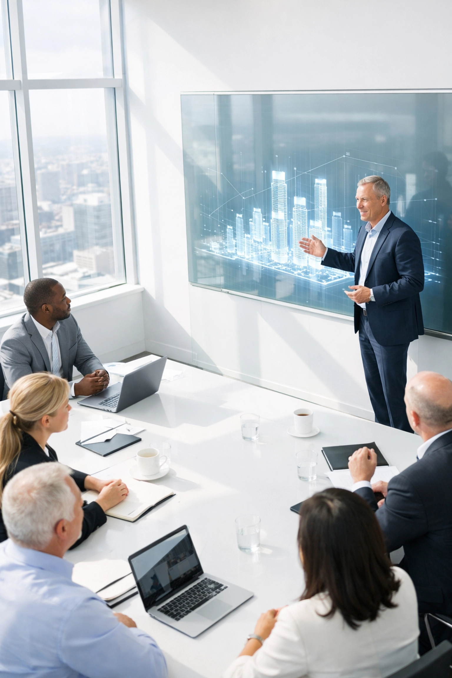 Strategic AI leadership team collaborating in a modern boardroom on digital transformation.