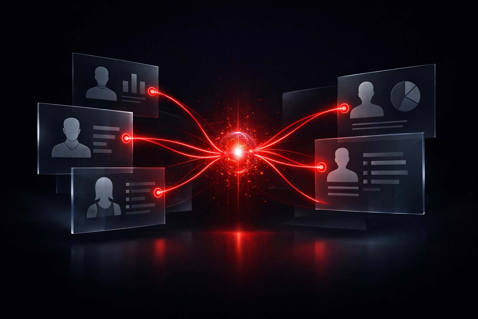 AI-driven customer segmentation showing data streams connecting personalized buyer profiles.