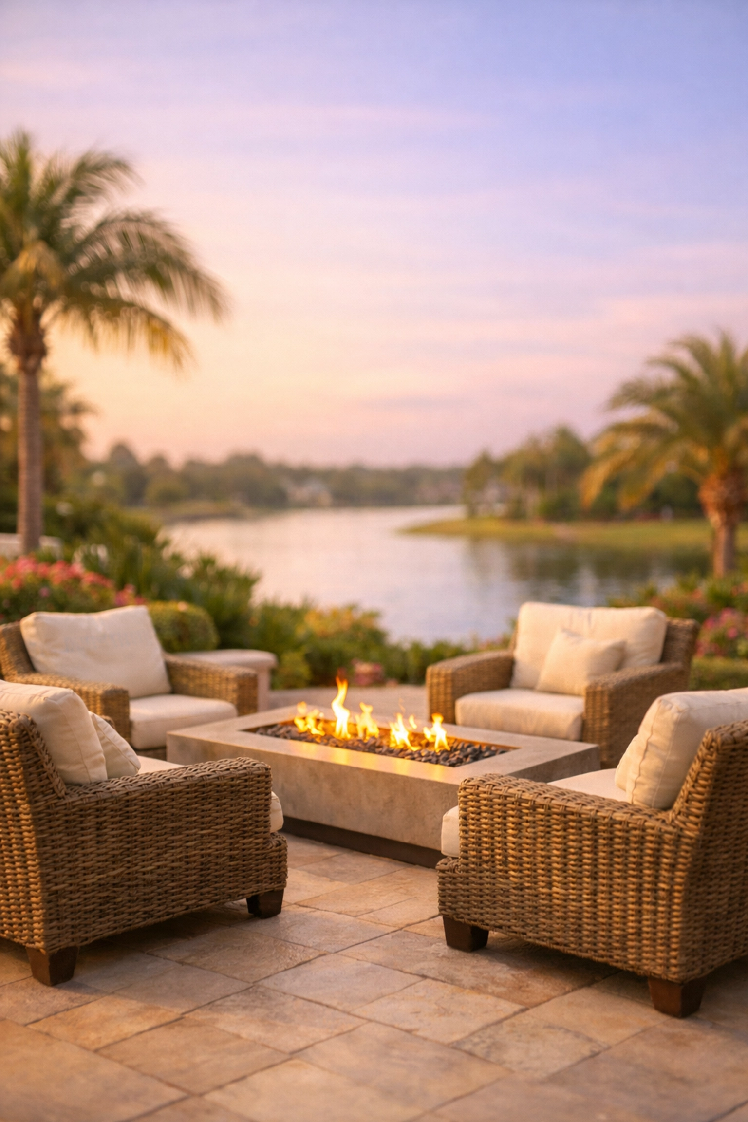 Luxury outdoor terrace at a Lakewood Ranch assisted living community during sunset.