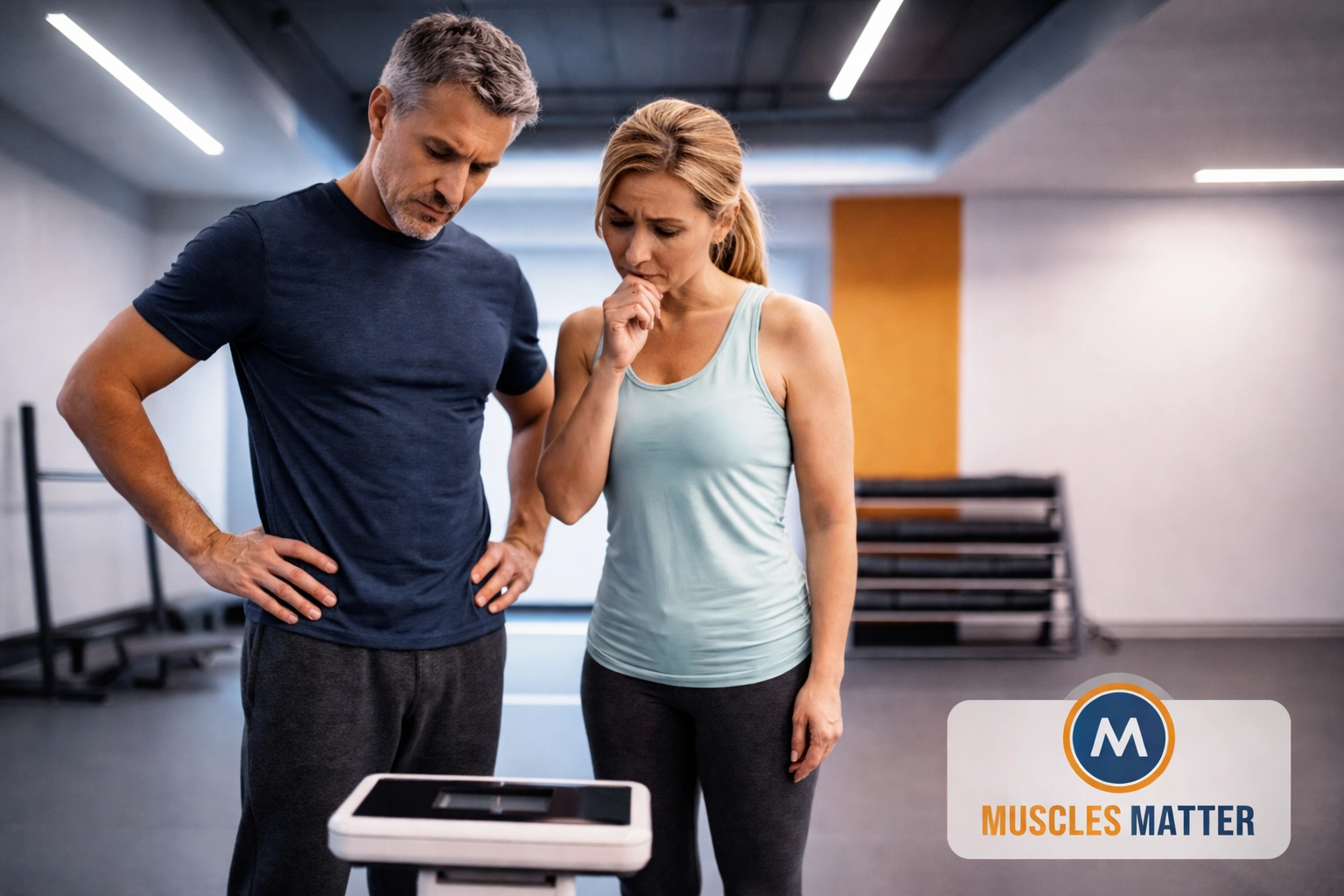 People in their 40s and 50s checking body composition scale in gym, highlighting muscle loss on Mounjaro diet.