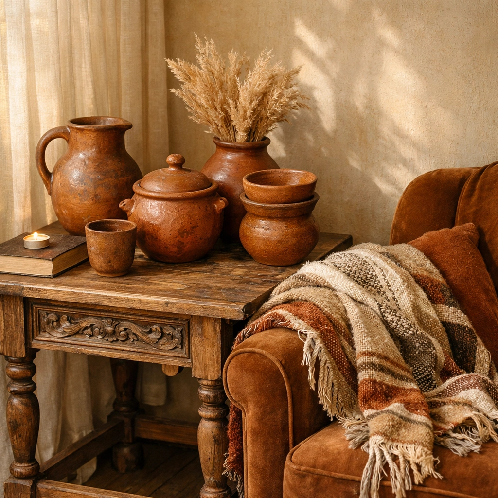 Vintage wooden table with handcrafted pottery and woven textiles in cozy living room corner
