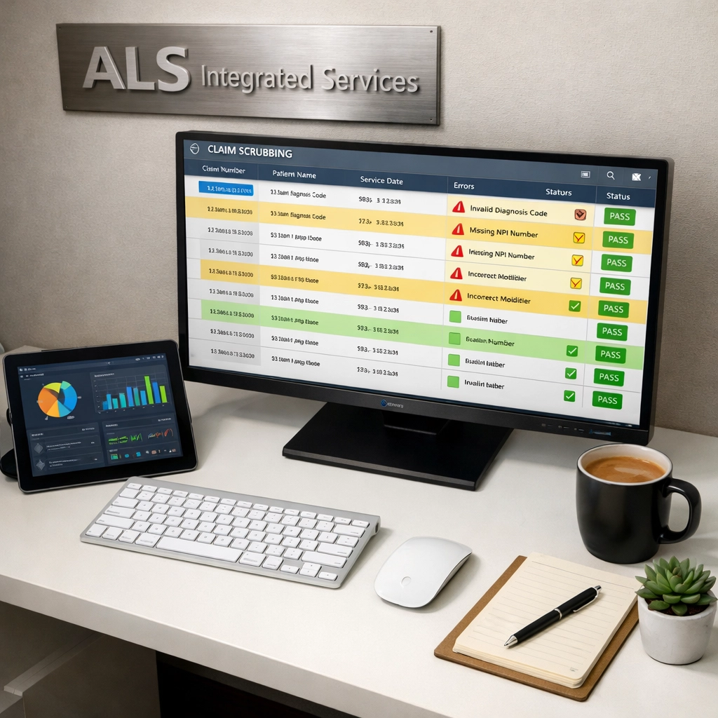 Medical billing office workspace showing automated claim scrubbing software detecting coding errors