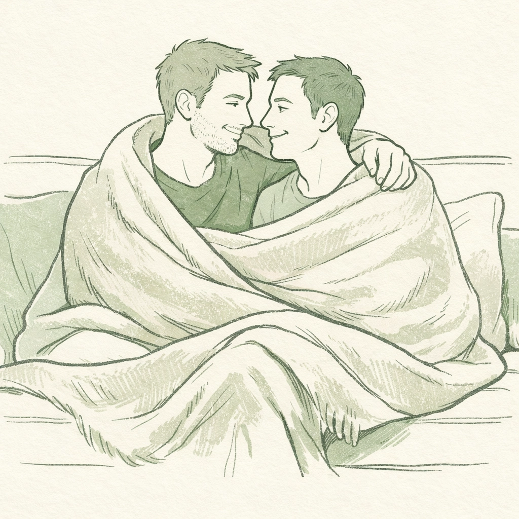 A gay couple cuddling on a sofa under a blanket, highlighting emotional intimacy in MM romance novels.