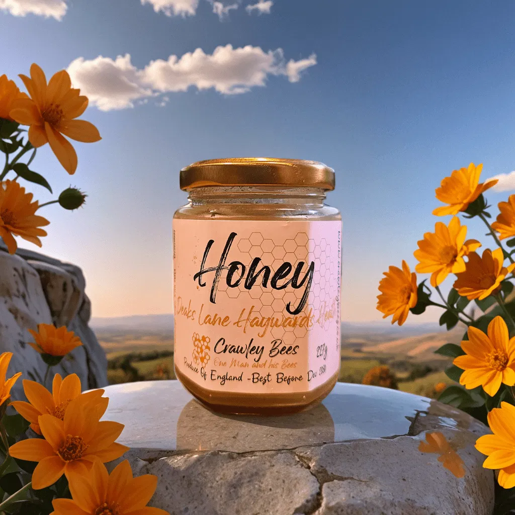 A jar of Crawley Bees Deaks Lane Haywards Heath honey is showcased outdoors on a stone surface.