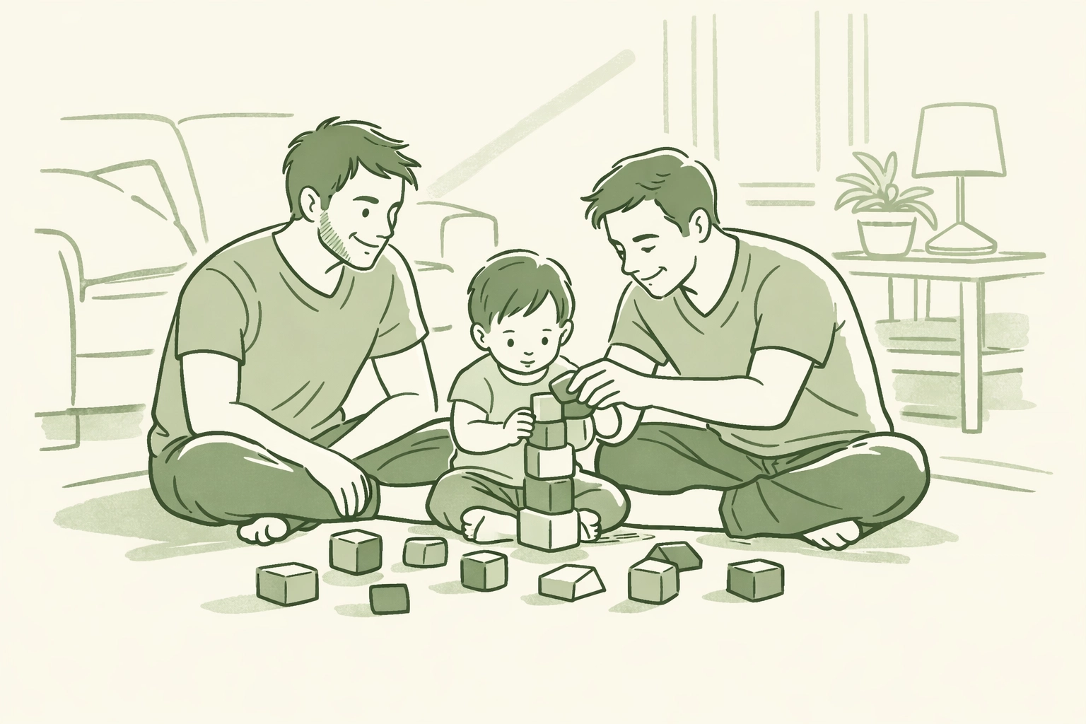 Gay dads playing with toddler using wooden blocks, LGBTQ+ family bonding at home