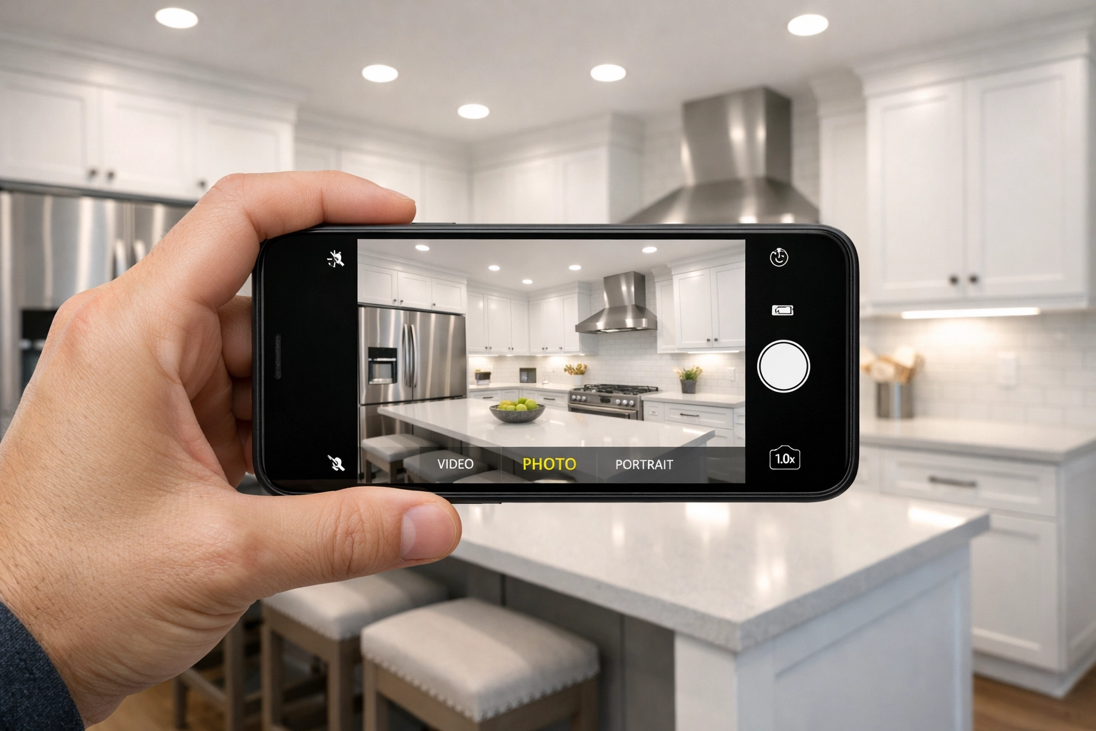 Documenting a clean apartment kitchen using a smartphone for turnover quality control.