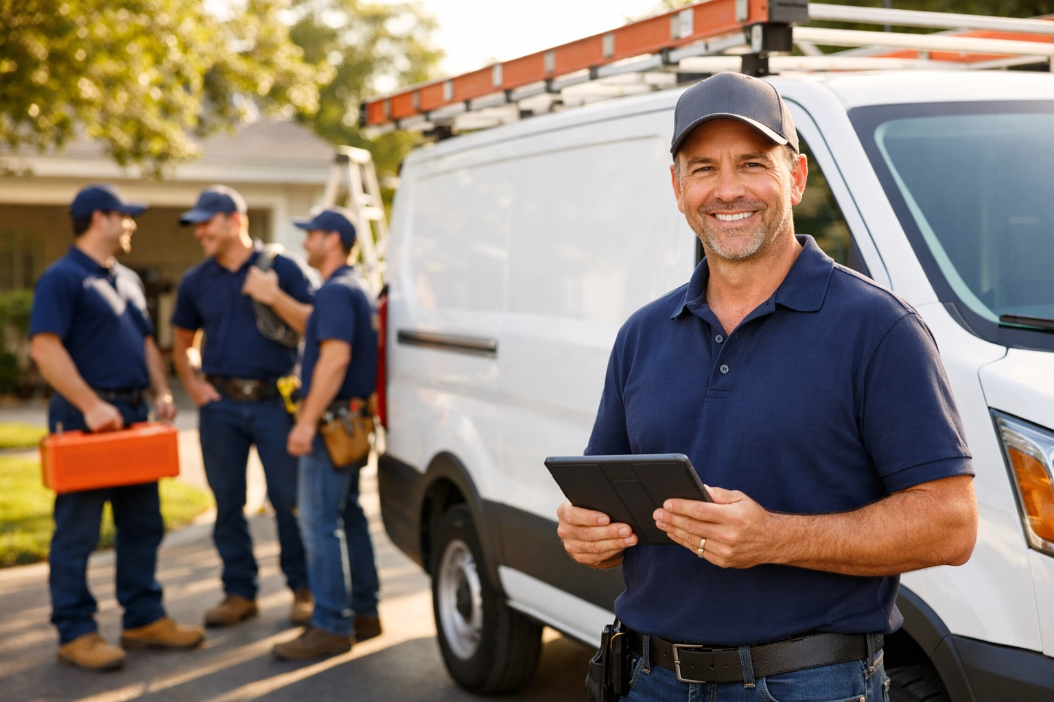 A successful service business owner using a tablet while his organized crew works behind him.