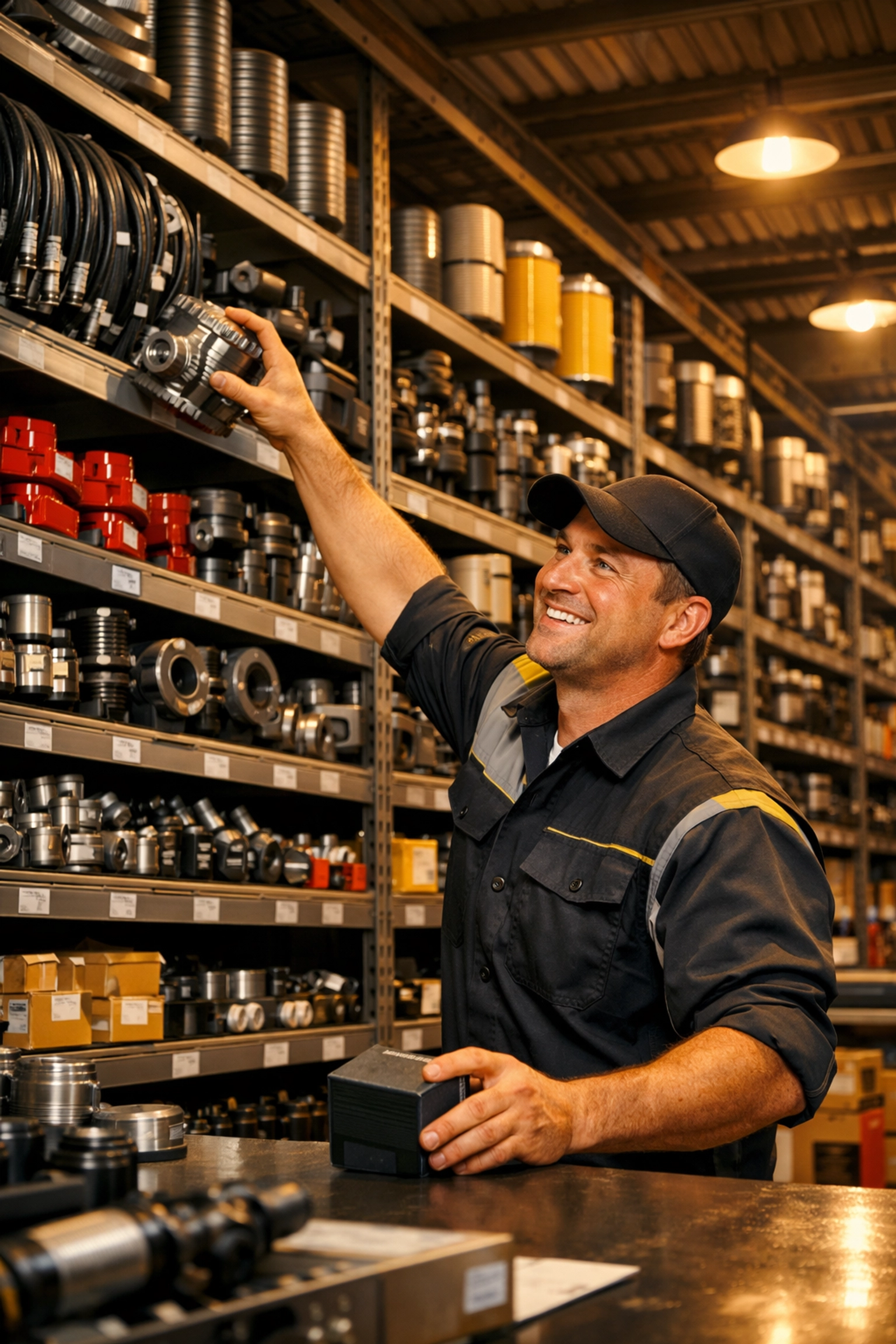 Well-stocked tractor parts warehouse at Ocala dealership with organized inventory shelves