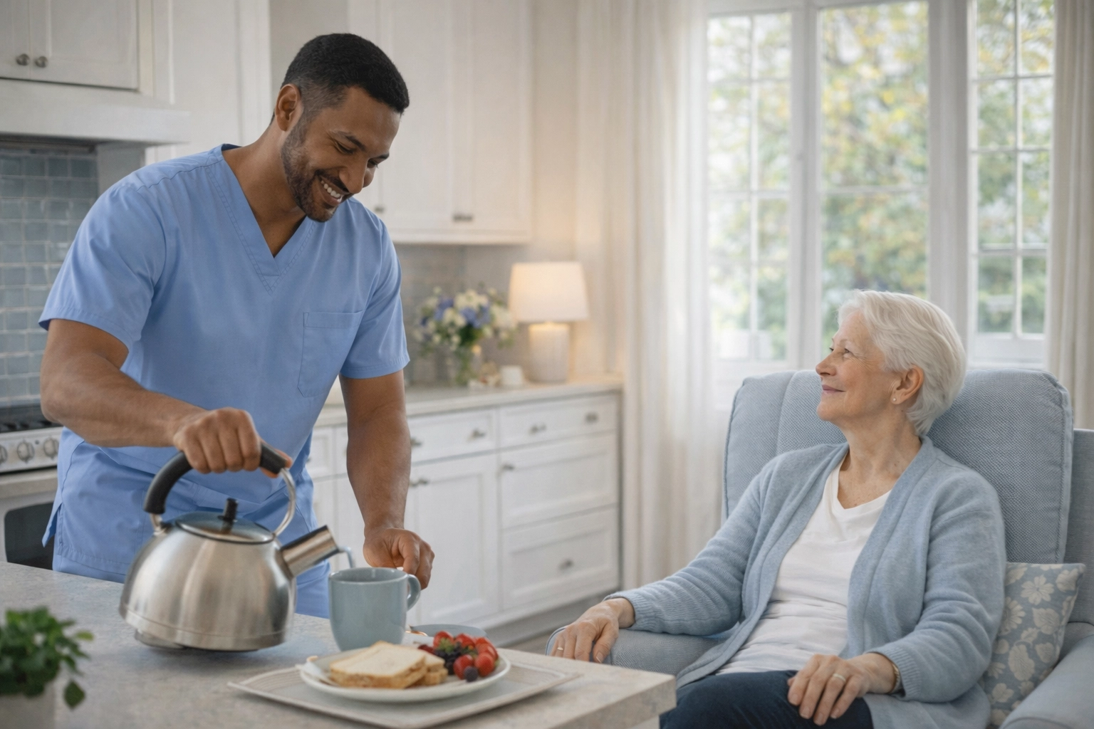 Family caregiver relaxing while respite care provider assists elderly parent at home