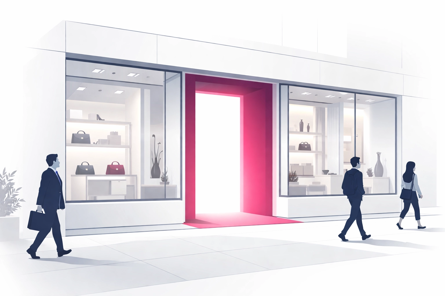 Beautiful storefront without a door showing visitors walking past, representing websites that fail to convert