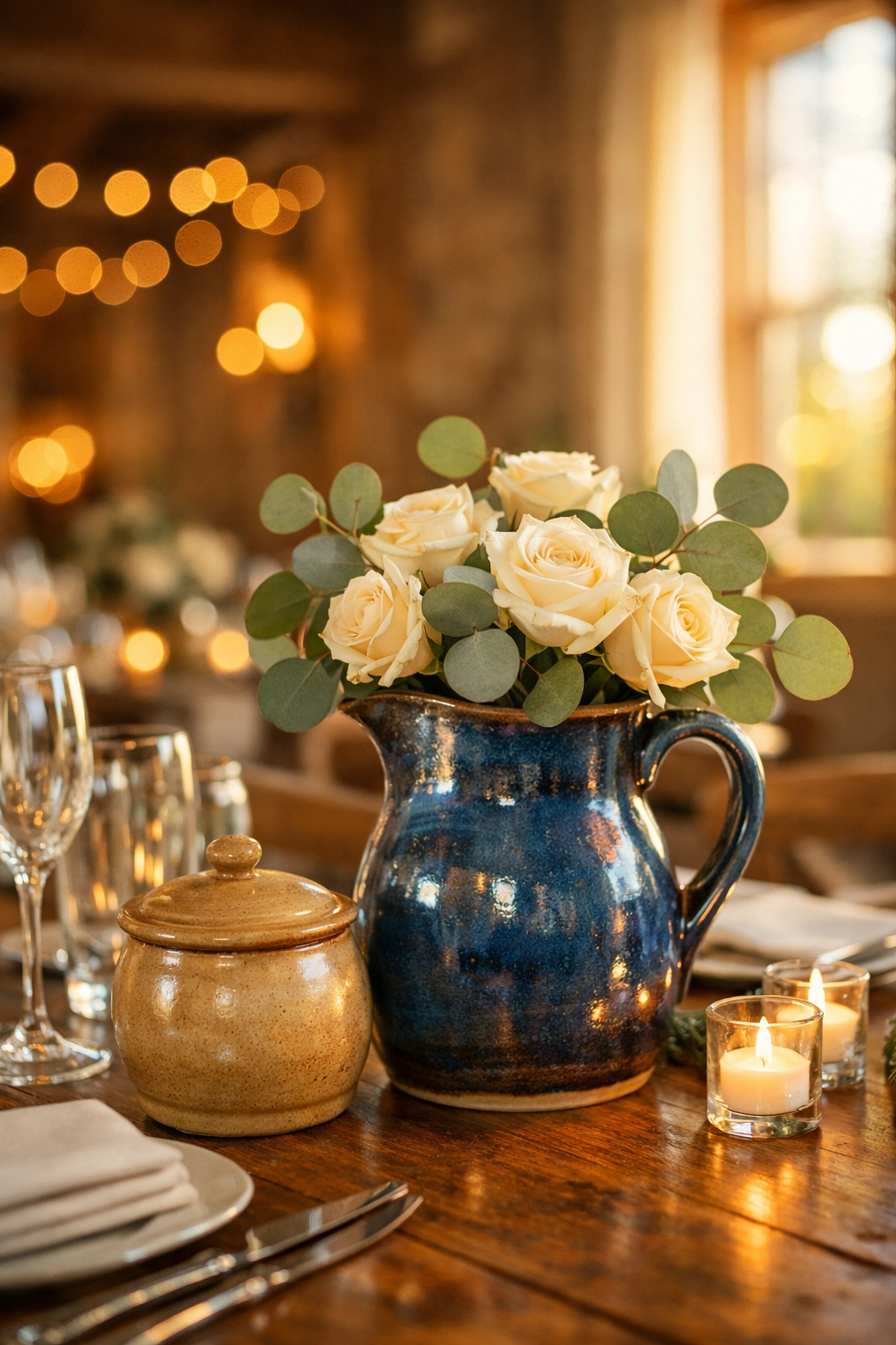 Handcrafted blue ceramic pitcher centerpiece and tan jar on a refined rustic wedding reception table.
