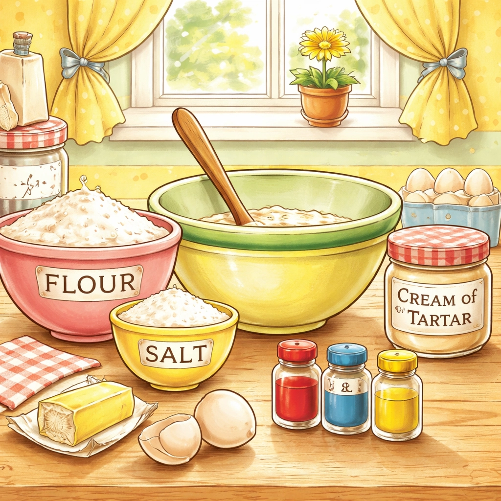 Homemade playdough ingredients like flour, salt, and cream of tartar arranged on a kitchen table for a kids' craft activity