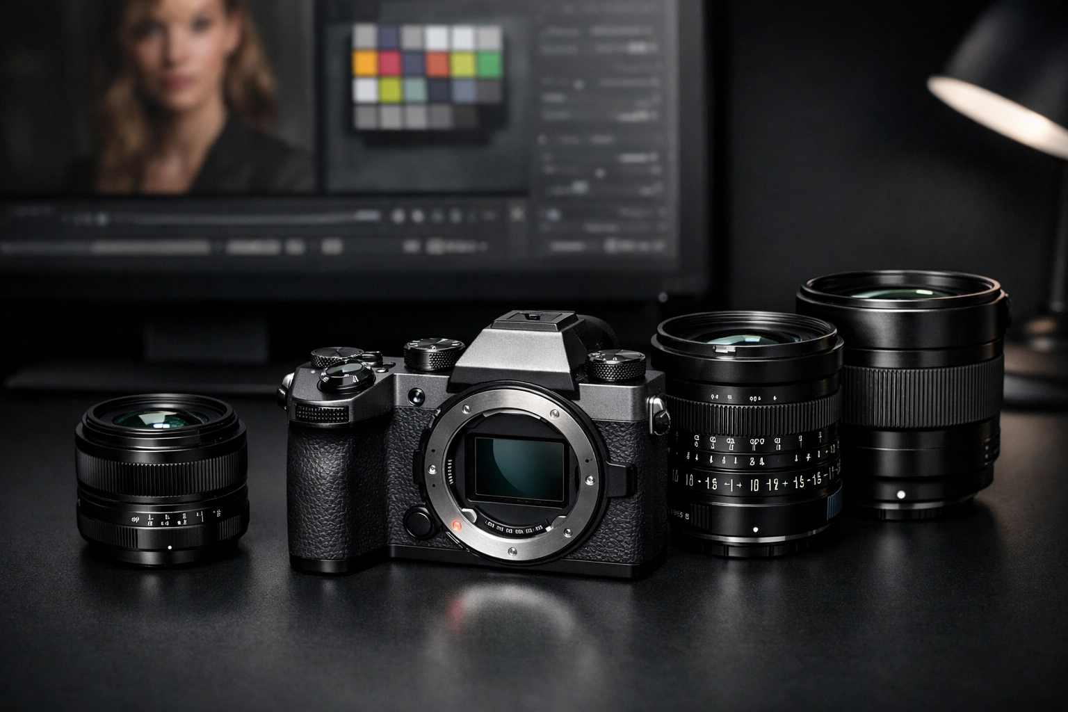 Professional mirrorless camera and specialized lenses on a desk with a high-resolution editing monitor.