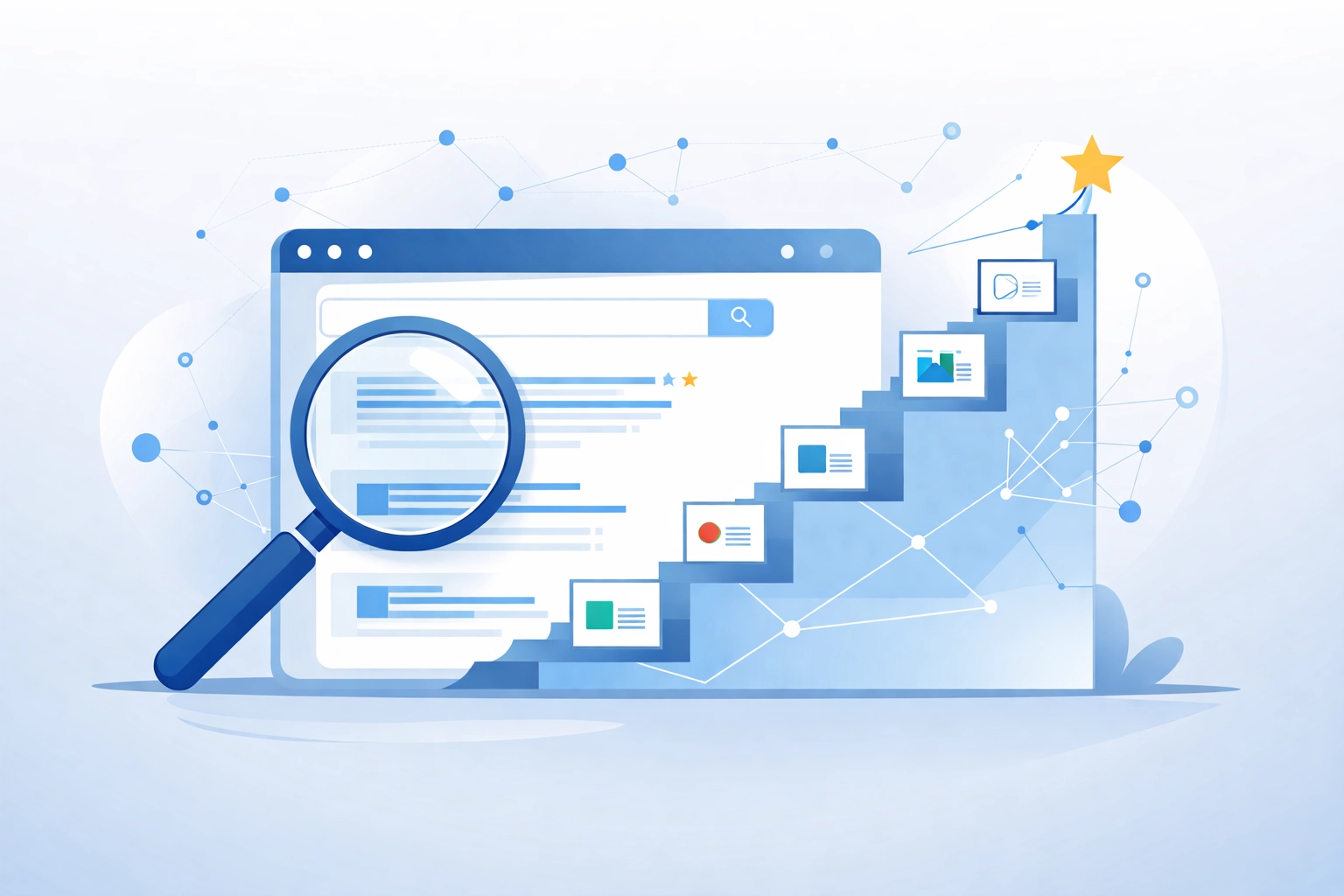 Magnifying glass over browser results symbolizes search engine optimization basics