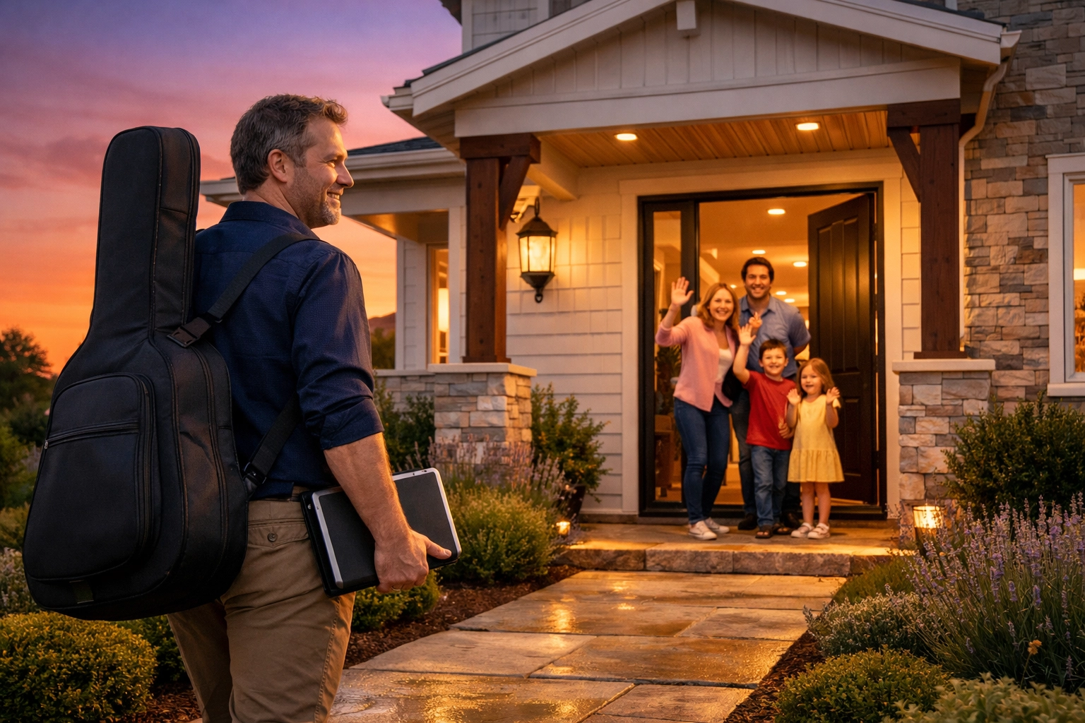 A professional music teacher arriving at an Eastvale house for a convenient in-home music lesson.