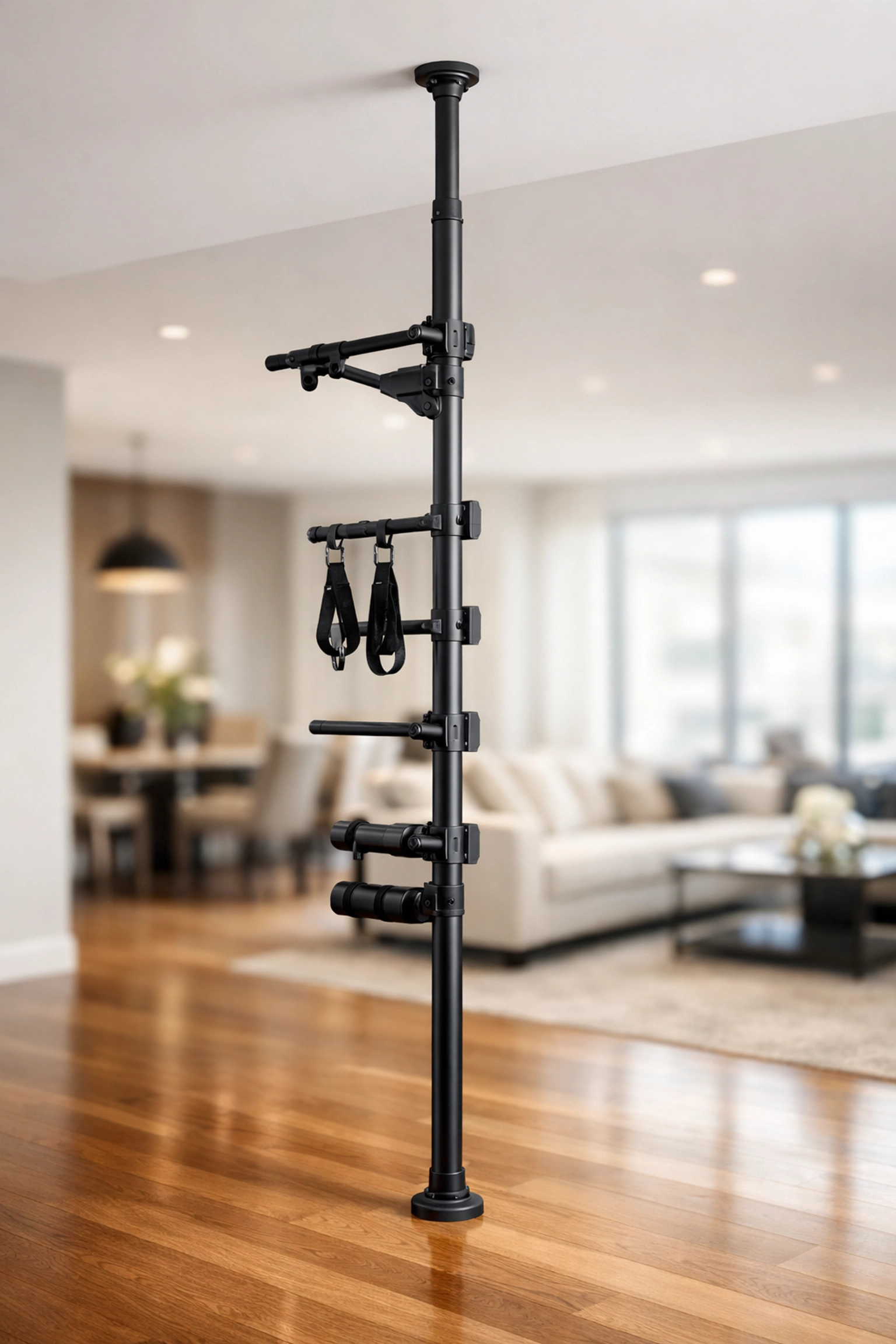Floor-to-ceiling gym rail for no-drill calisthenics and bodyweight training at home.