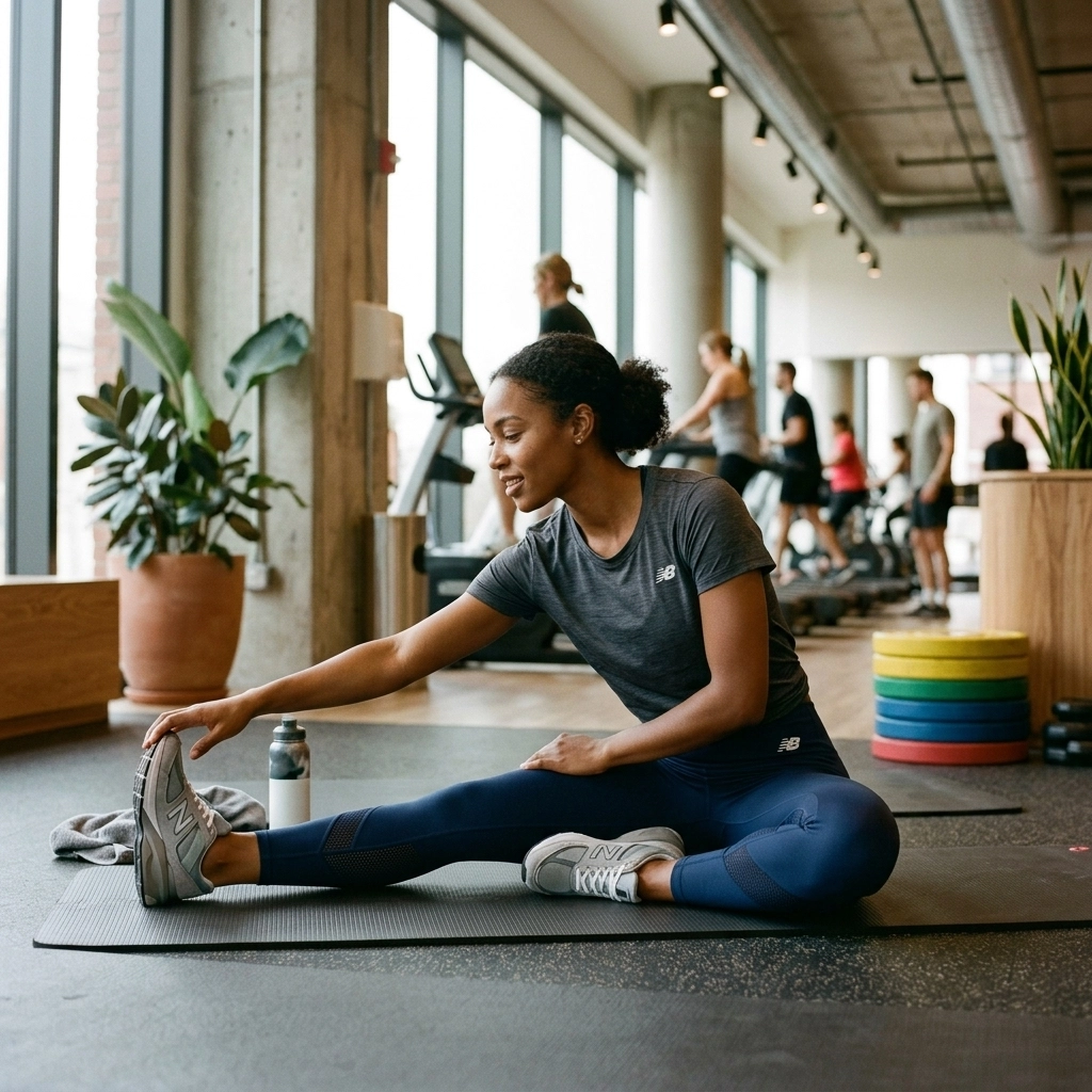 Person in New Balance athletic apparel stretching