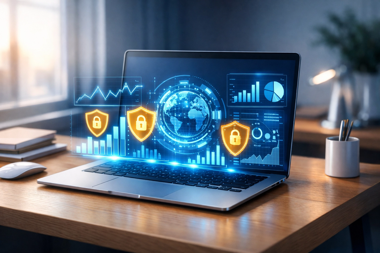 Laptop on a desk displaying data visualization and cybersecurity security shield holograms.