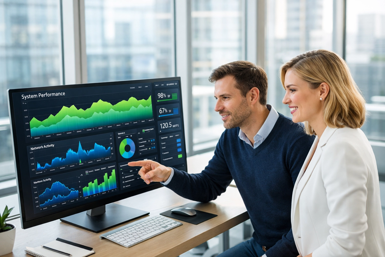 IT professionals reviewing a data dashboard to drive enterprise ROI through ServiceNow consulting services.