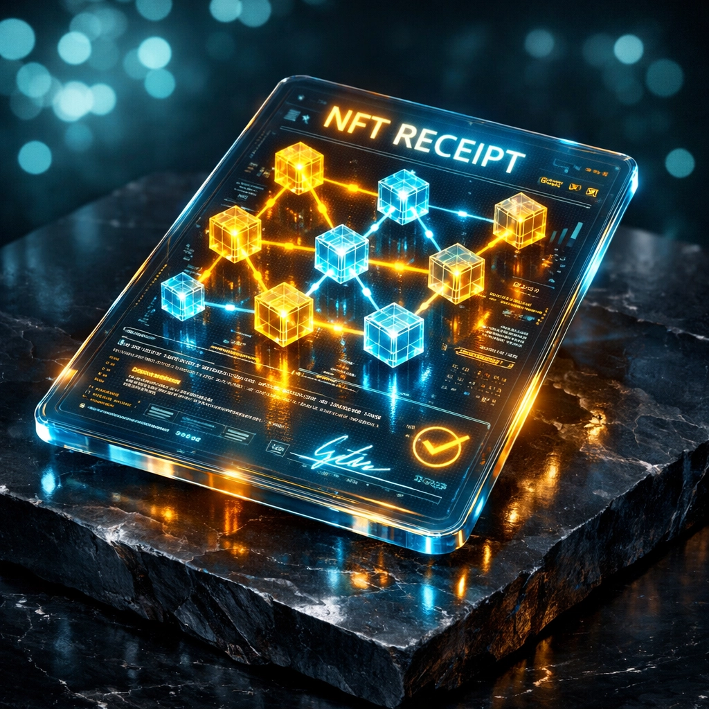 Holographic tablet displaying a secure blockchain ledger and NFT receipts for automated merchant accounting.