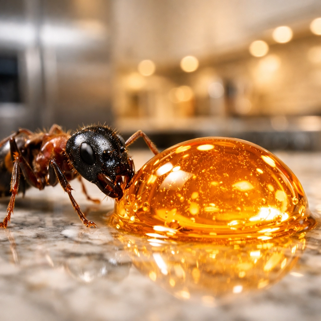 Worker ant consuming professional ant gel bait on a marble kitchen counter.
