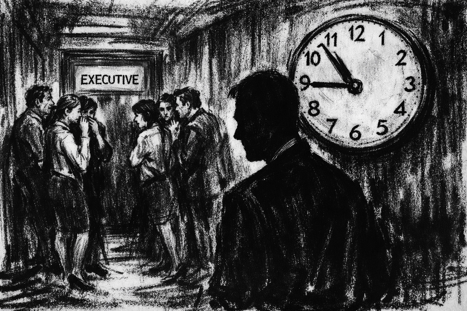 Anxious employees outside a closed office door representing uncertainty caused by a lack of business exit planning.
