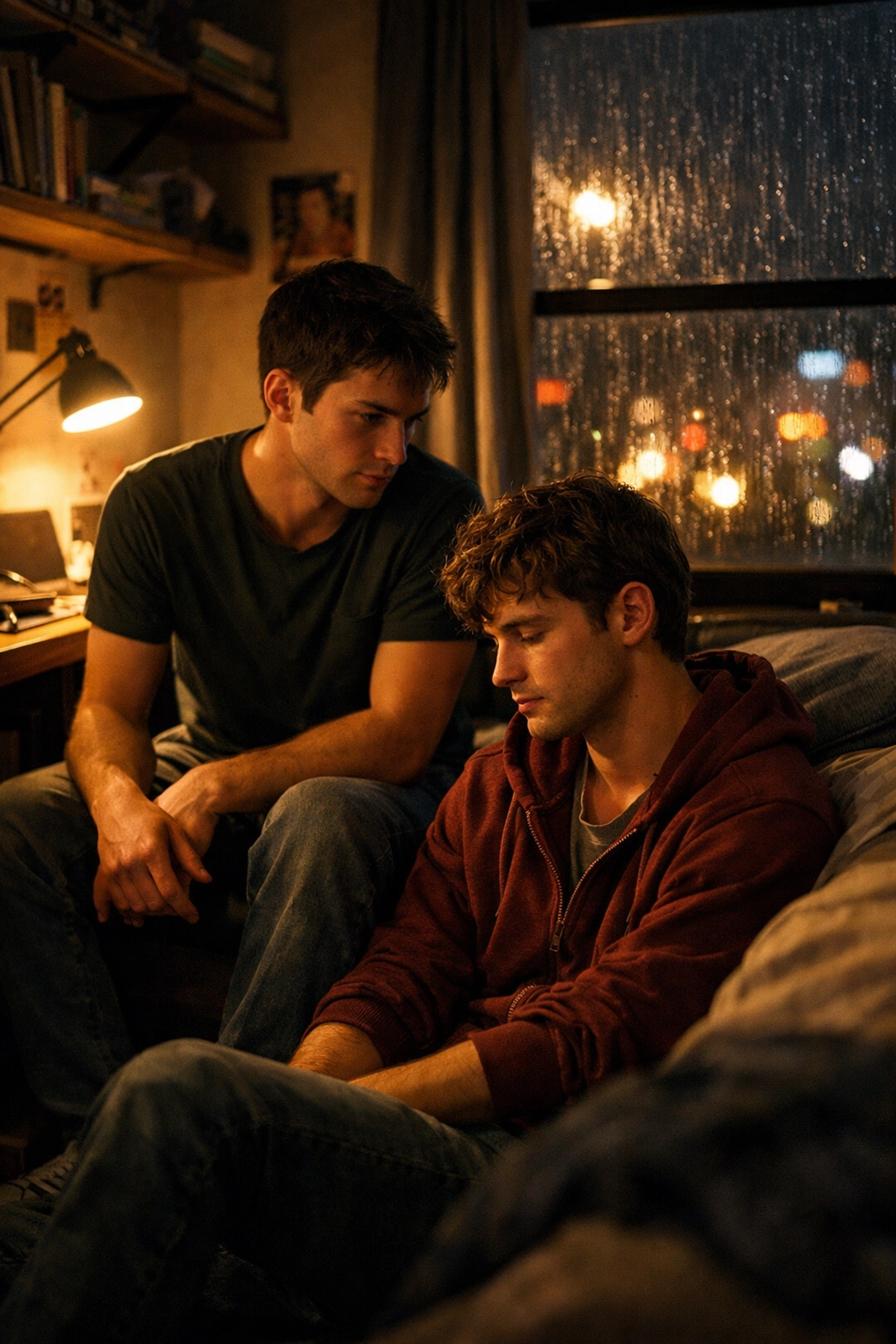 Two men sitting close in a small room, highlighting the forced proximity trope in contemporary gay romance novels.