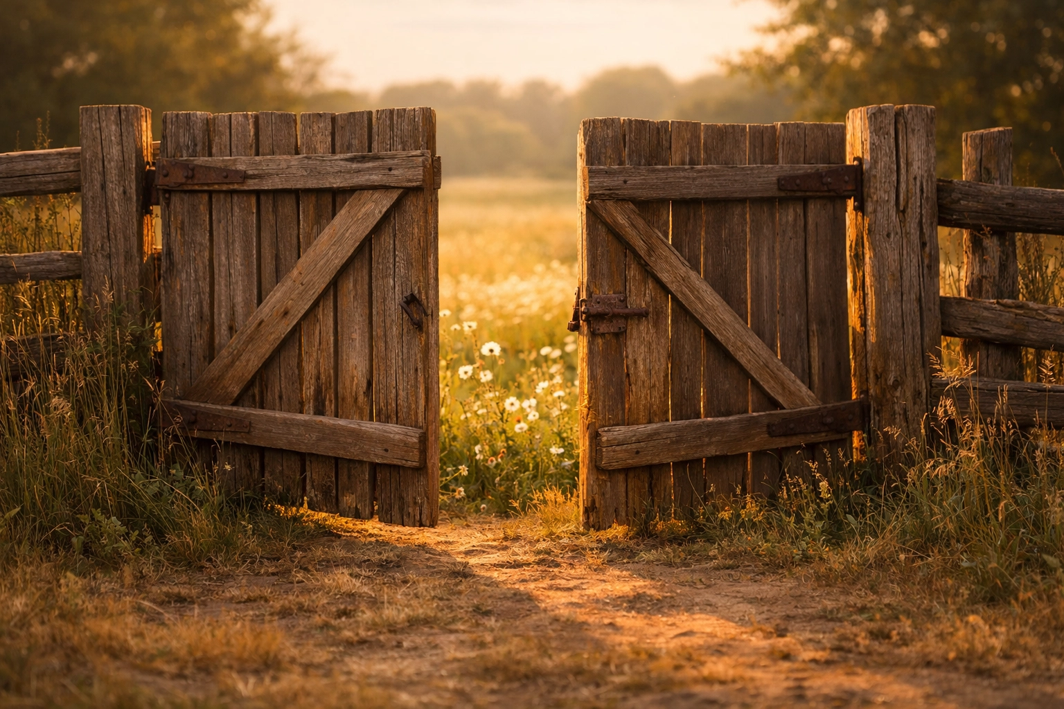 An open wooden gate leading to a sunlit meadow representing a breakthrough in online therapy and emotional awareness.