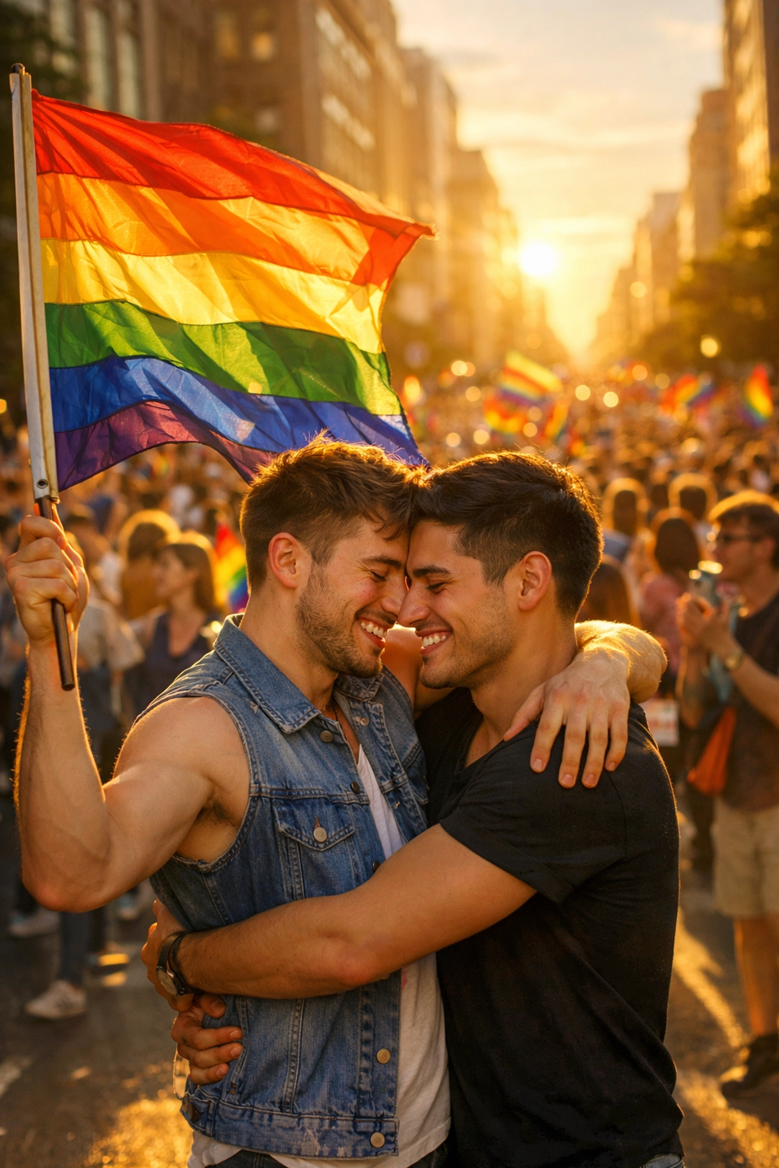 Gay couple embracing with rainbow flag at Pride march celebrating Stonewall legacy