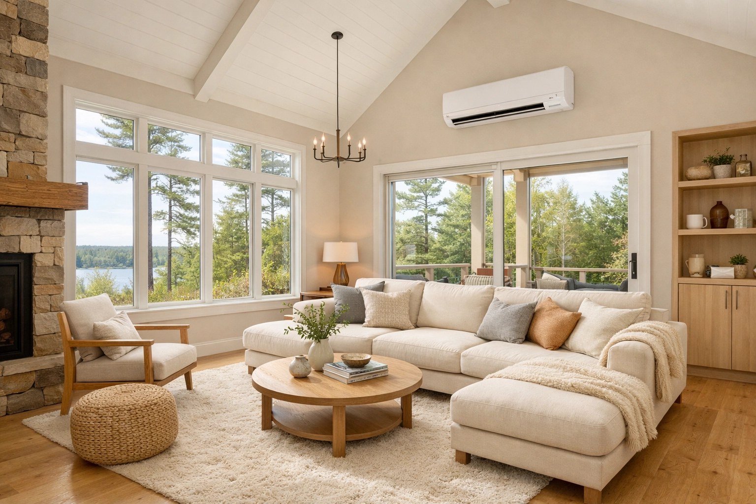 Sleek wall-mounted mini-split heat pump installation in a contemporary Maine living room.