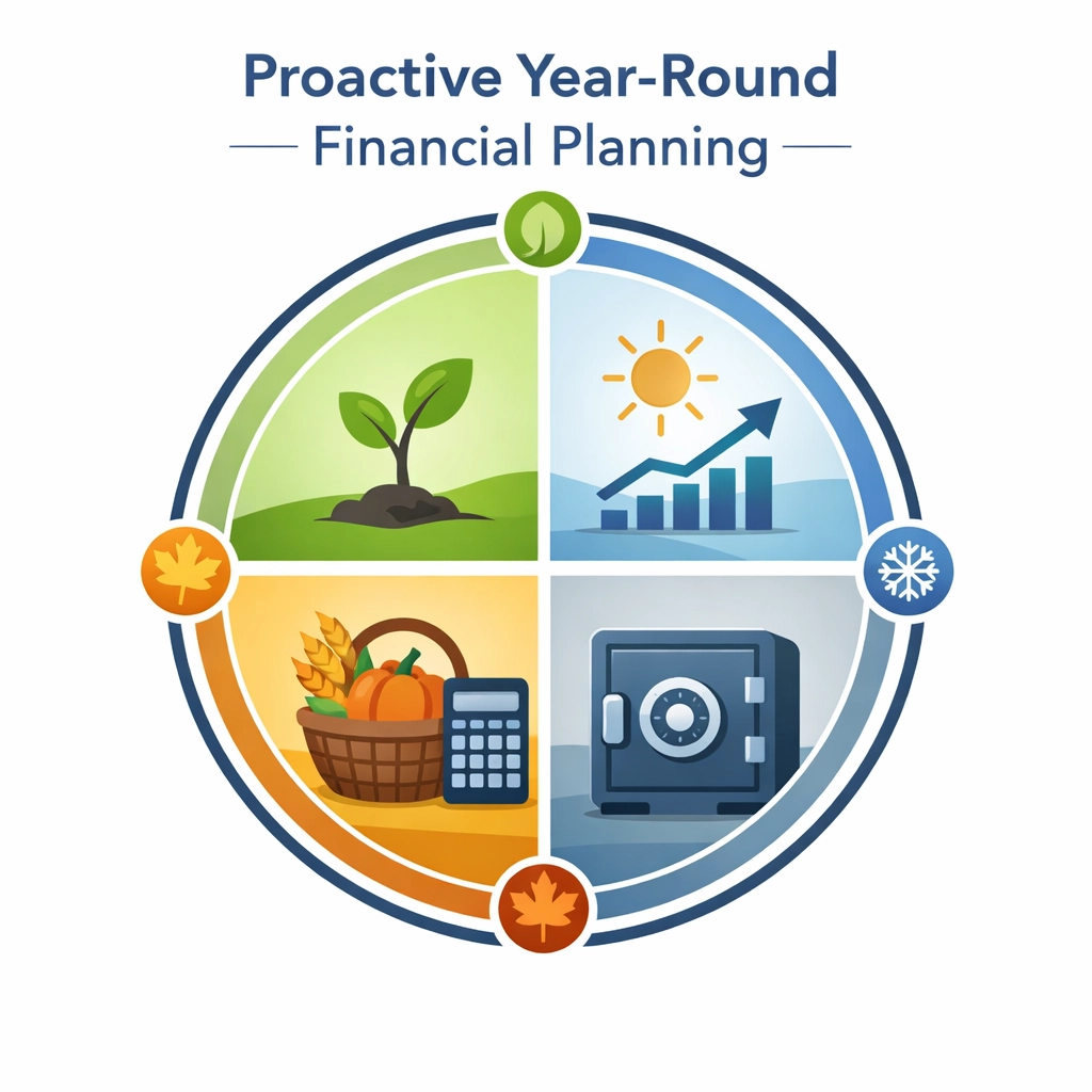 Seasonal calendar illustration representing year-round tax planning and proactive financial strategy for taxpayers.