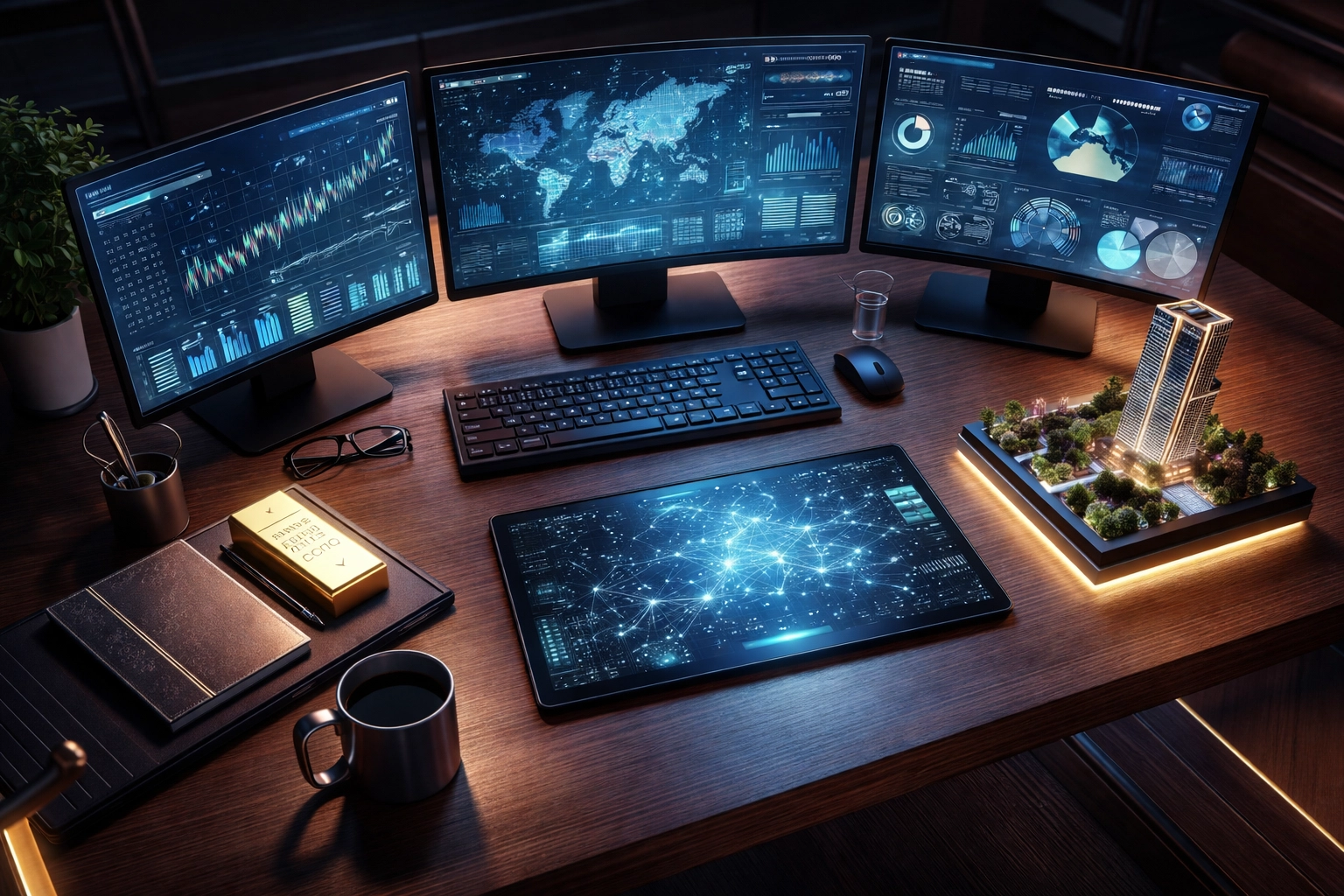 Futuristic command center desk with financial charts and alternative assets, highlighting institutional portfolio management.