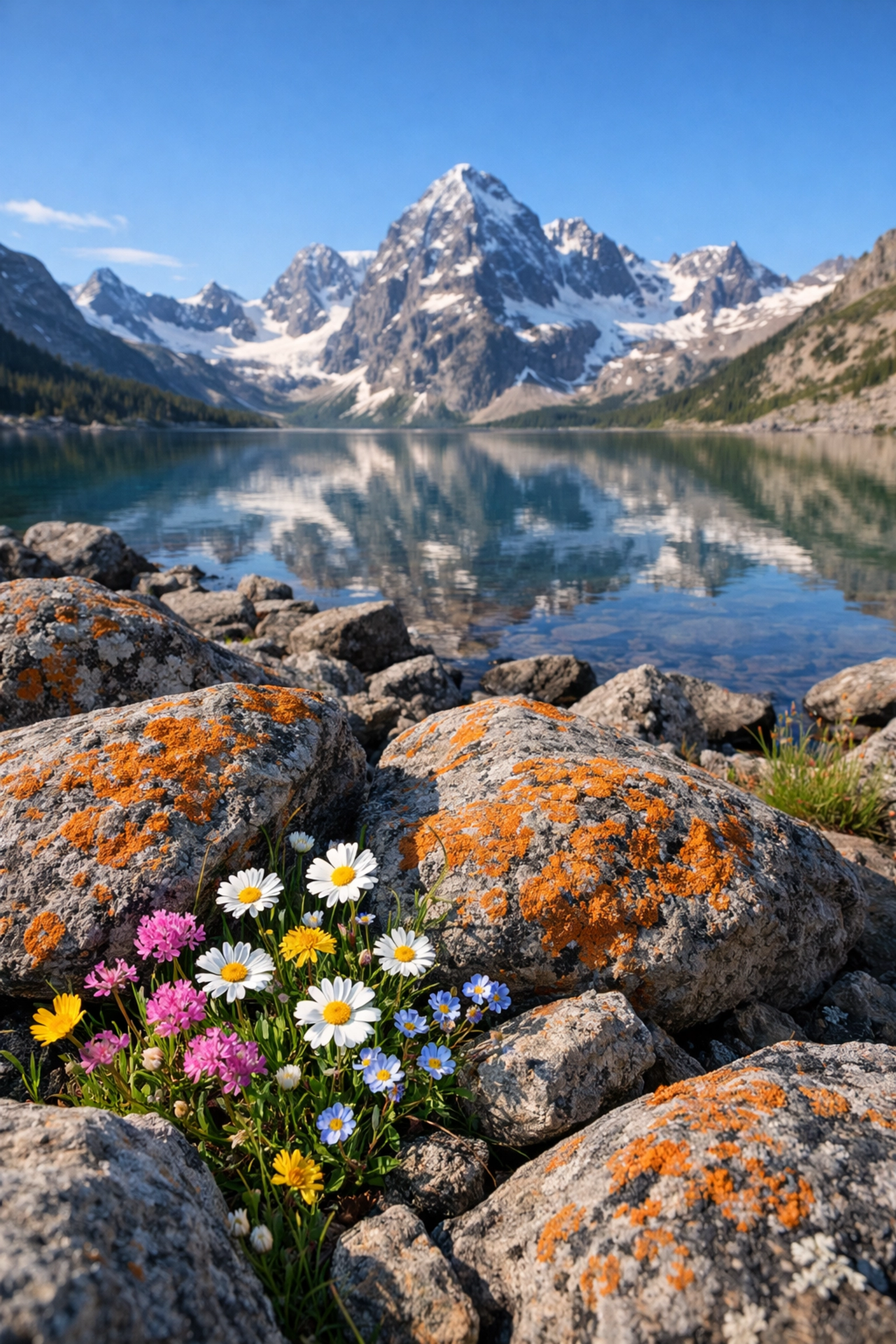 Wildflower and lichen boulders foreground leading to alpine lake: landscape photography composition