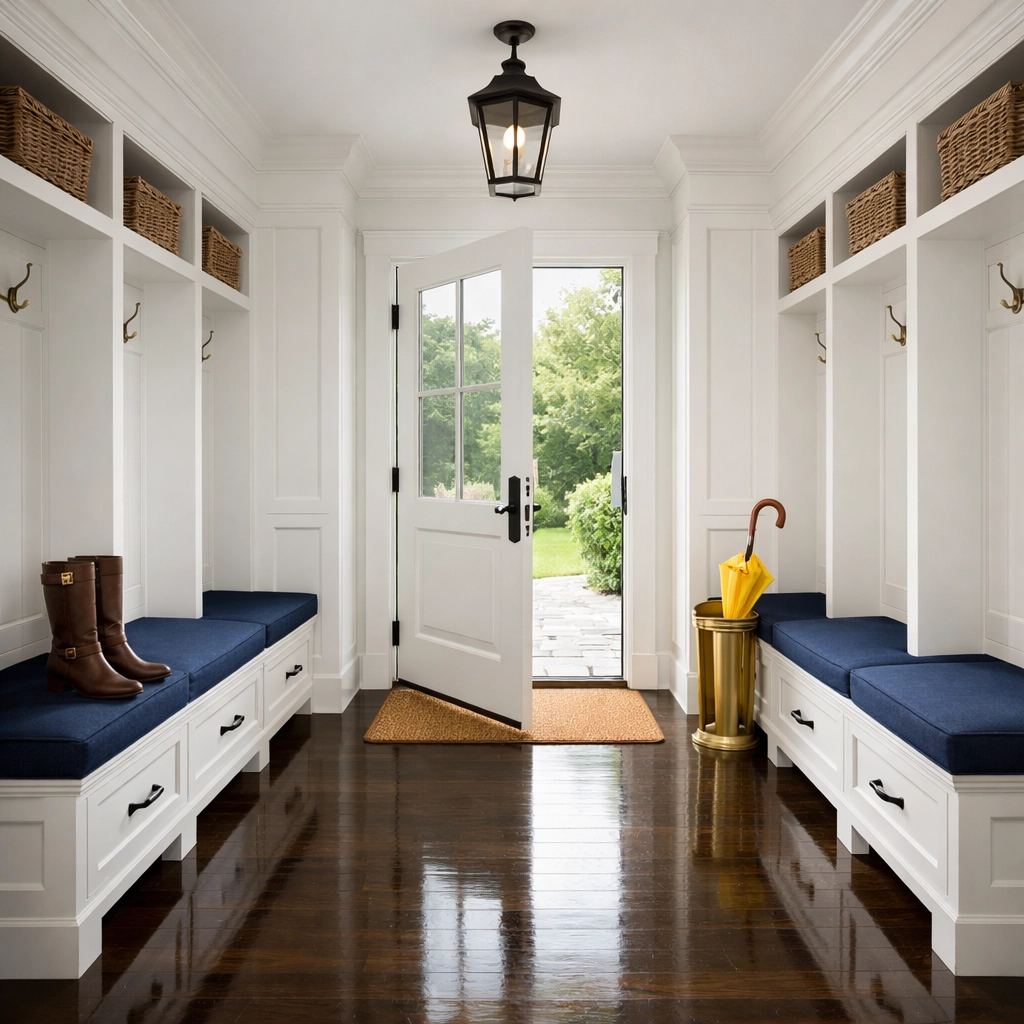 A spotless and organized luxury Sudbury mudroom with polished hardwood floors after a professional cleaning.