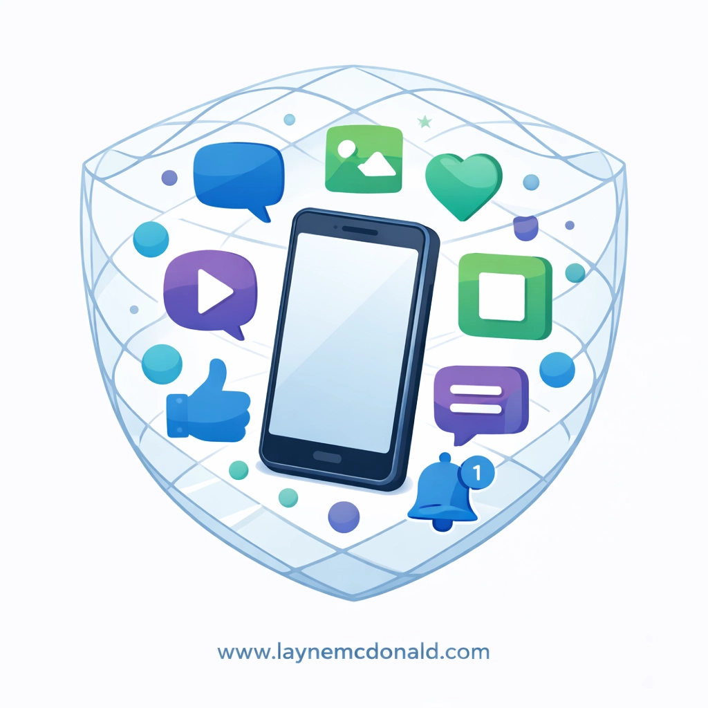 Smartphone surrounded by social media app icons with protective monitoring shield