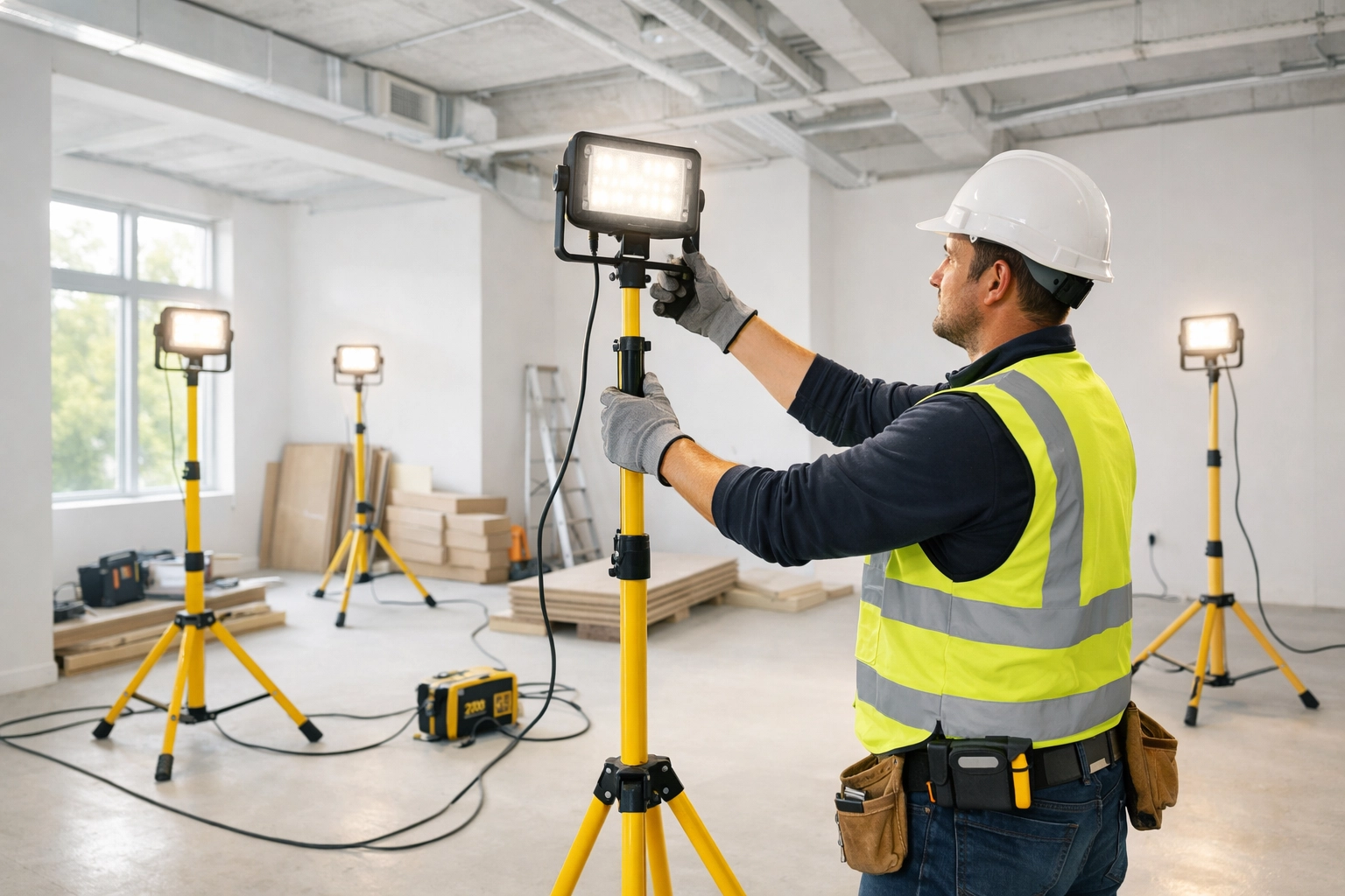 Construction worker adjusting flexible 24V temporary lighting fixtures on worksite