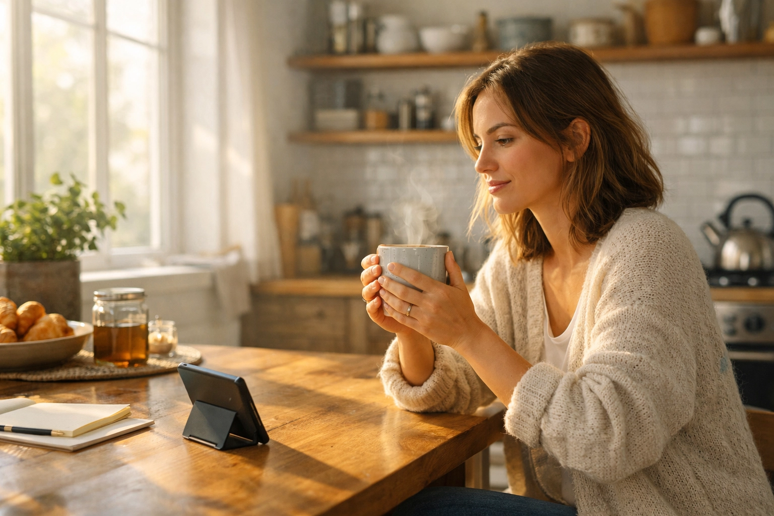 Morning Bible study in a sunlit kitchen with Boundless Online Church, a ministry of First Assembly Memphis (FA Memphis).