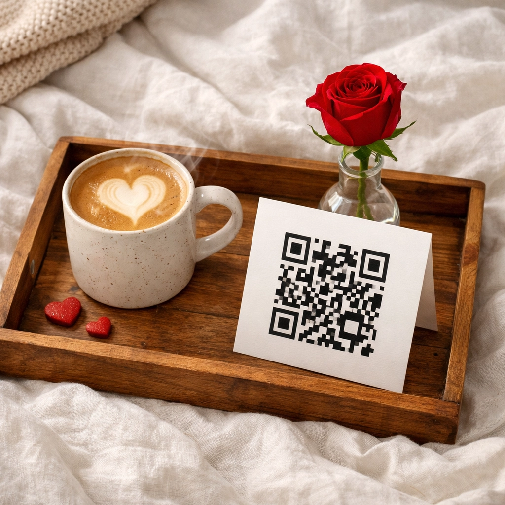 A romantic anniversary breakfast in bed with a QR code card to reveal a surprise personalized song.