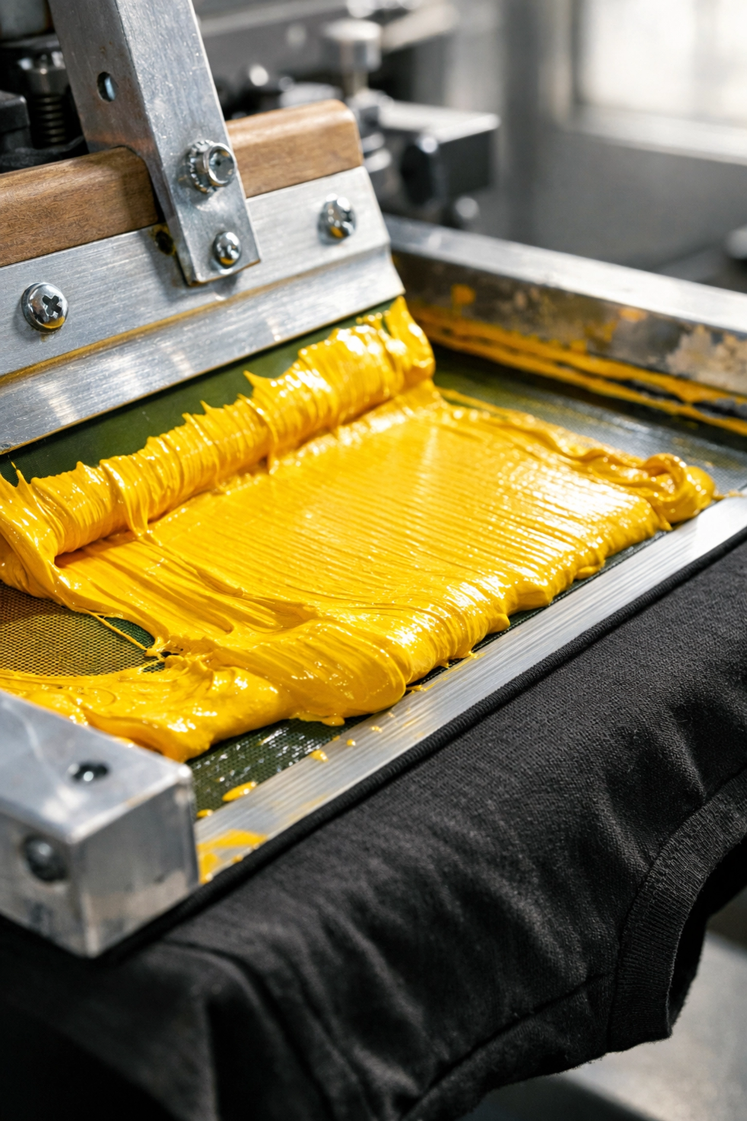 Durable screen printing process for vibrant yellow bulk custom t shirts on heavy-duty workwear.