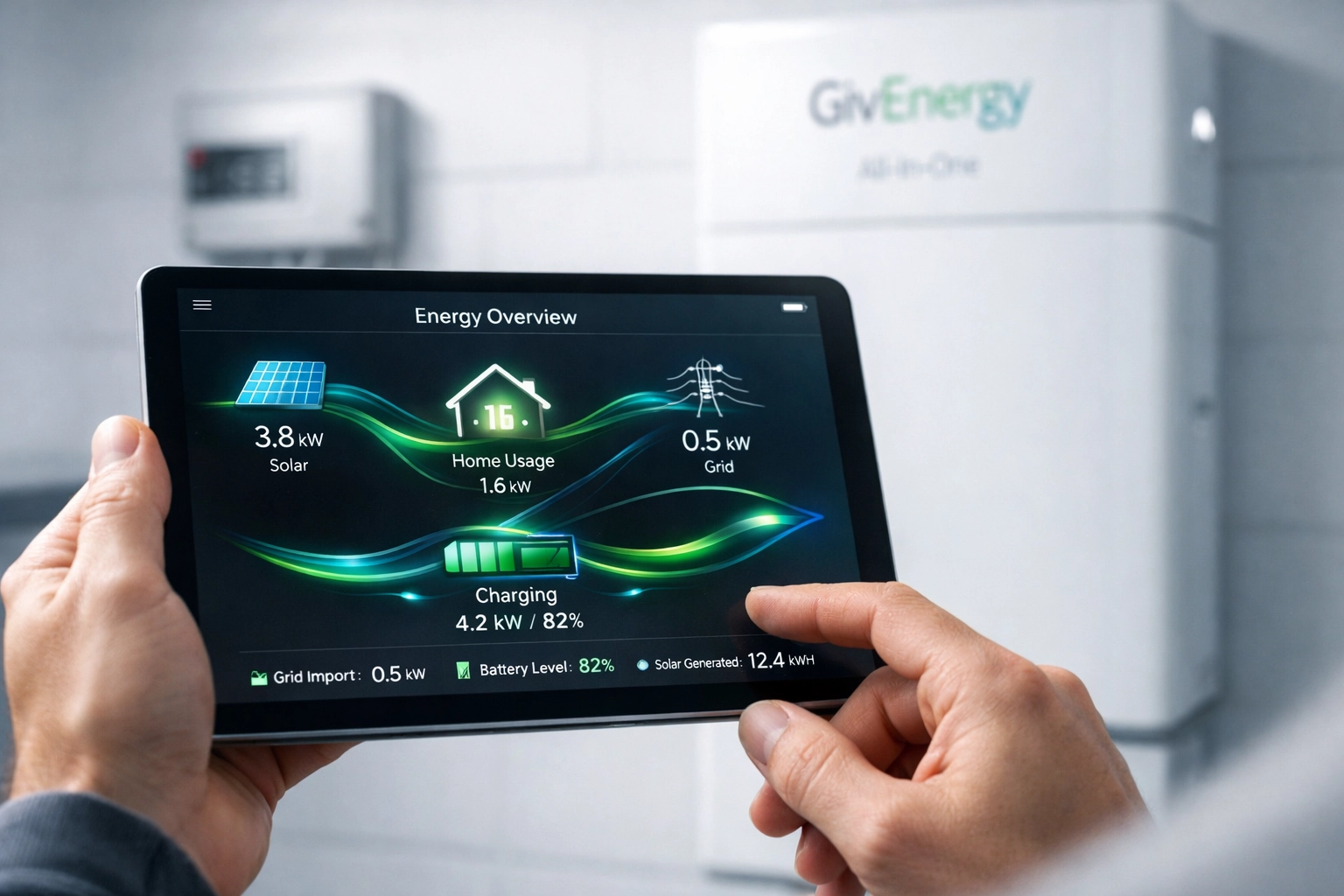 Homeowner tracking solar power performance via tablet with a GivEnergy All-in-One battery system.