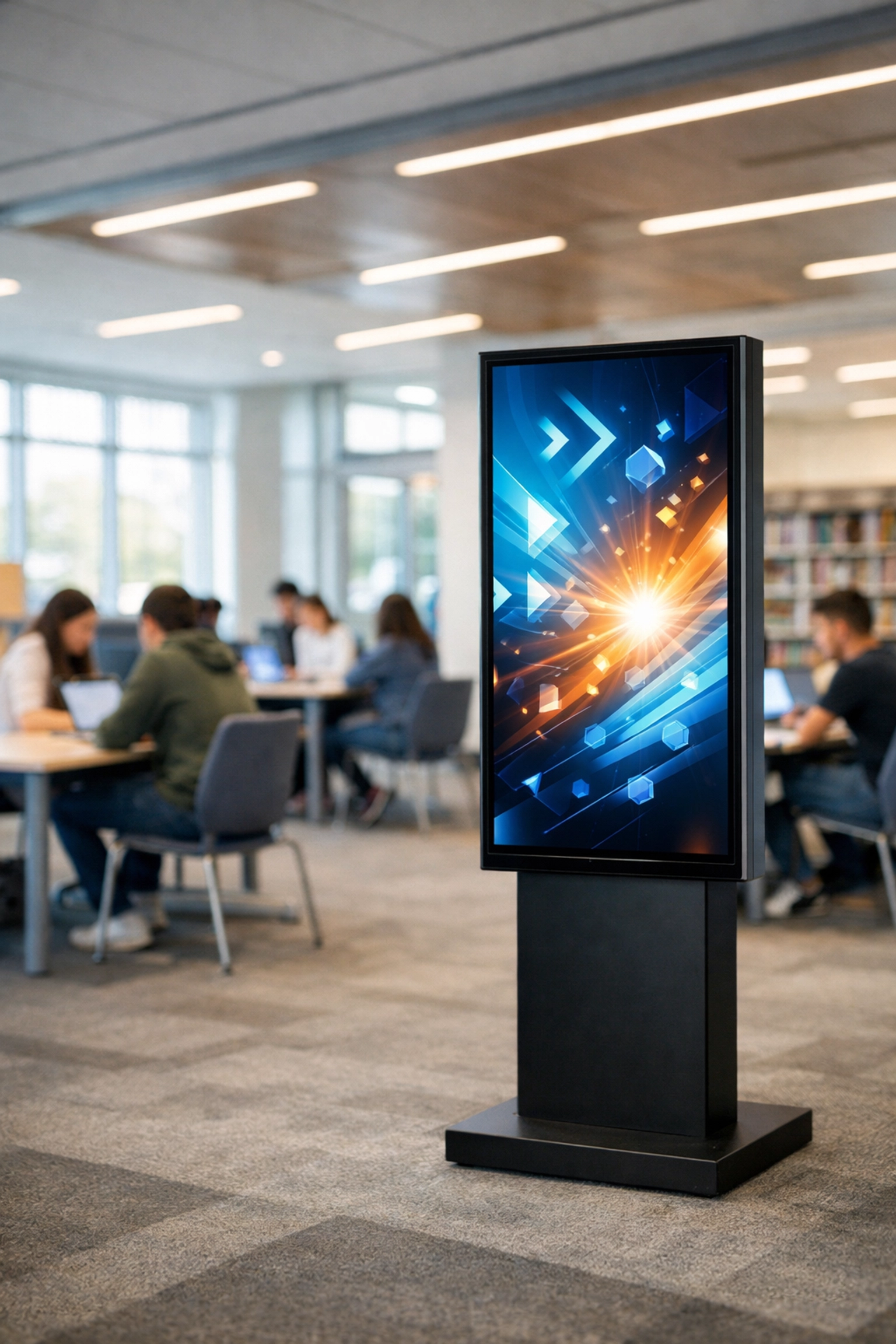 Interactive digital signage kiosk in a school media center driving educational growth and brand association.