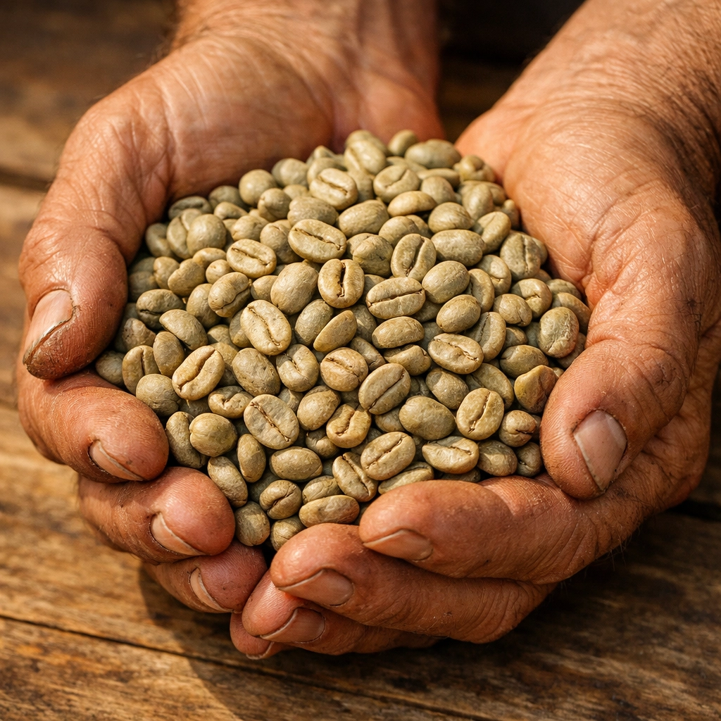 Hands holding raw green specialty coffee beans during the sourcing and quality control process.